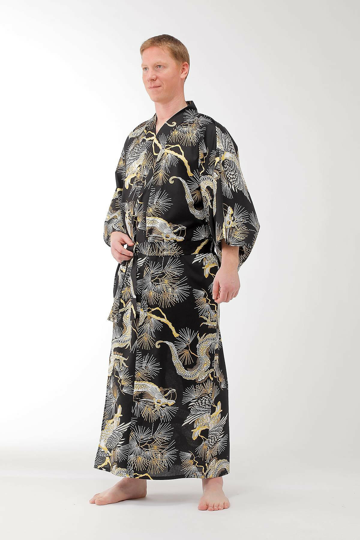 Men Dragon & Hawk Cotton Yukata Kimono Color Black Model Front View