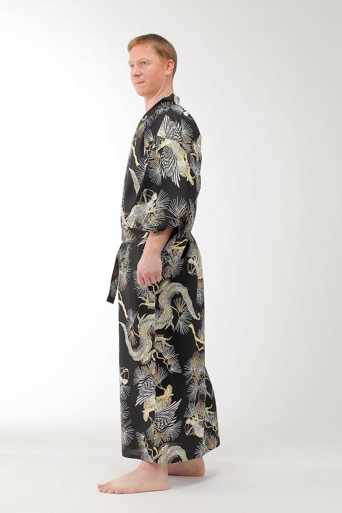 Men Dragon & Hawk Cotton Yukata Kimono Color Black Model Side View