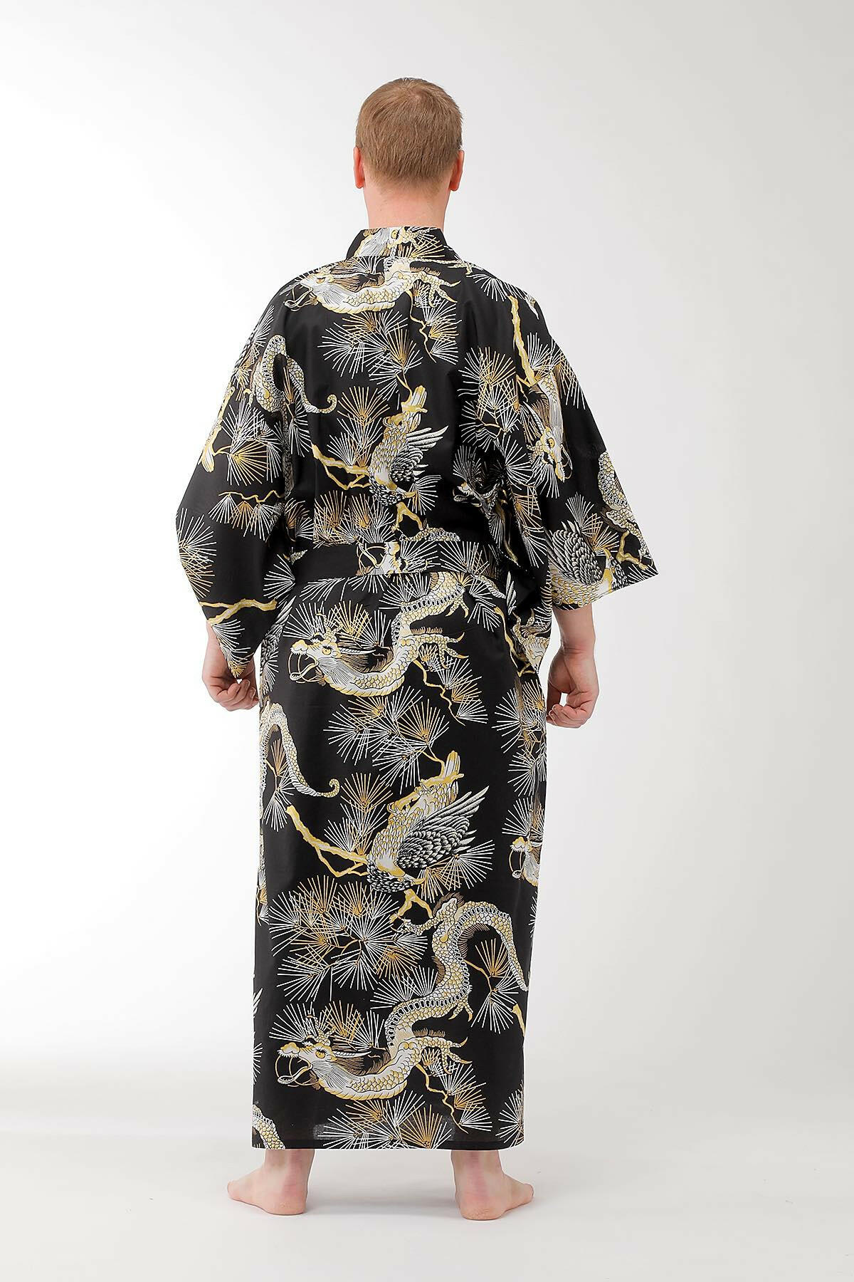 Men Dragon & Hawk Cotton Yukata Kimono Color Black Model Rear View