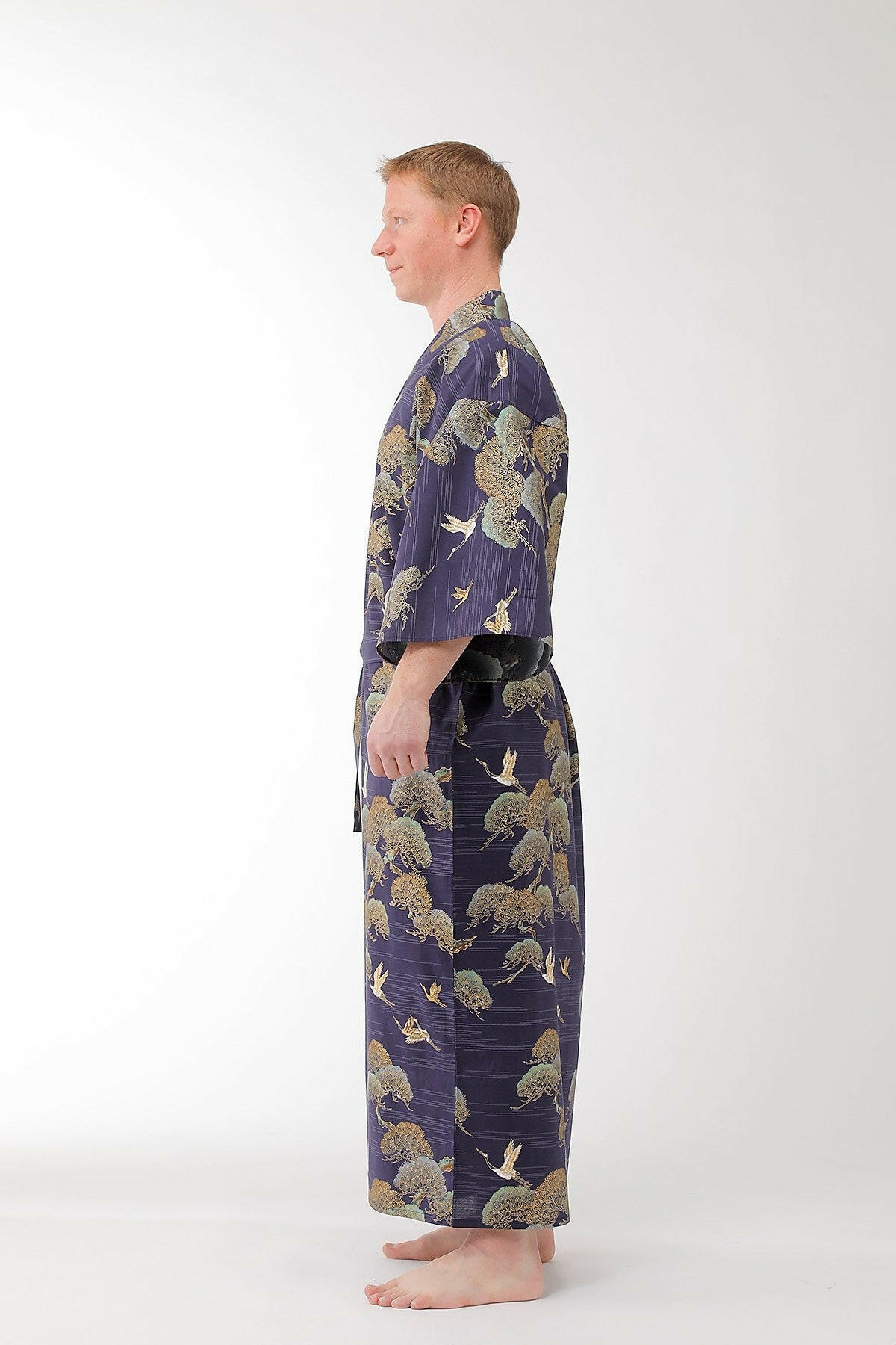 Men Pine & Crane Cotton Yukata Kimono Color Navy Model Side View