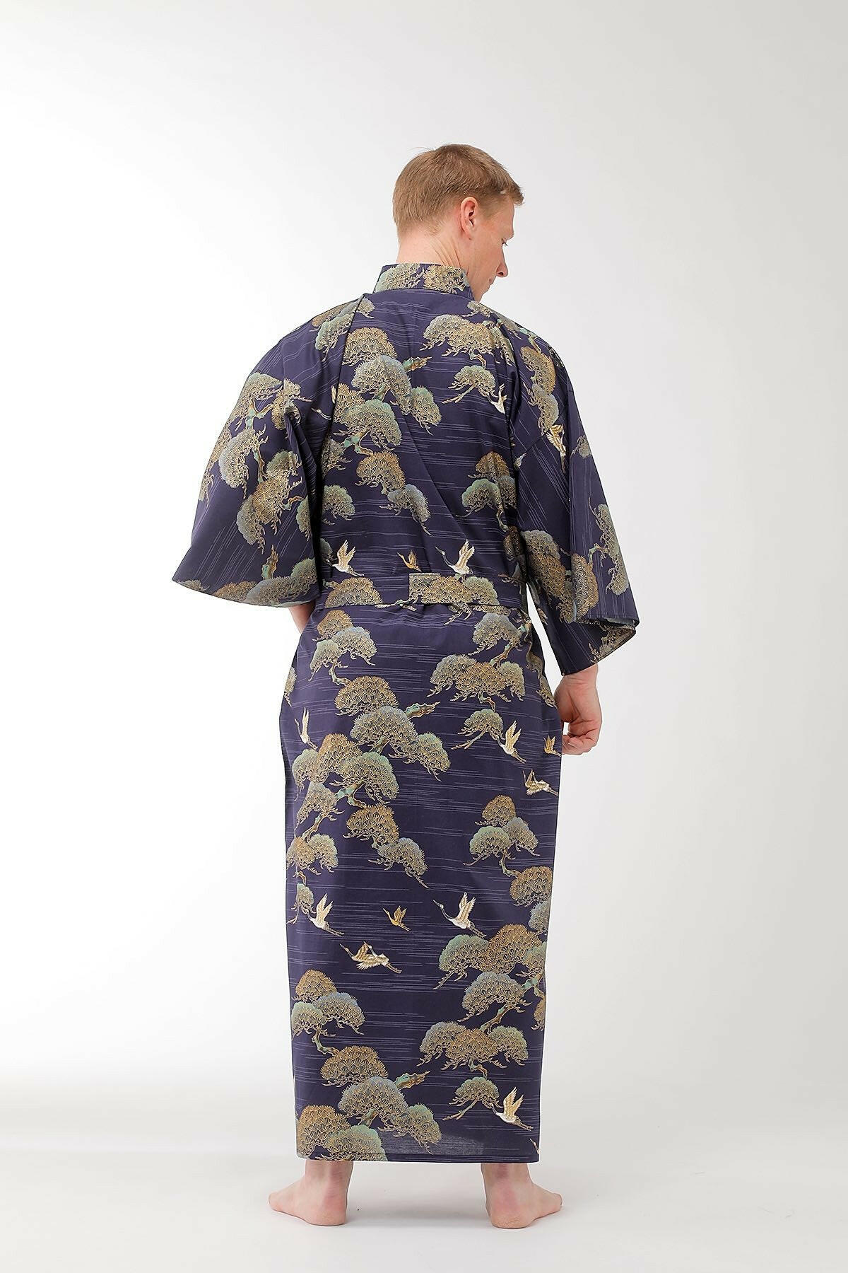 Men Pine & Crane Cotton Yukata Kimono Color Navy Model Rear View