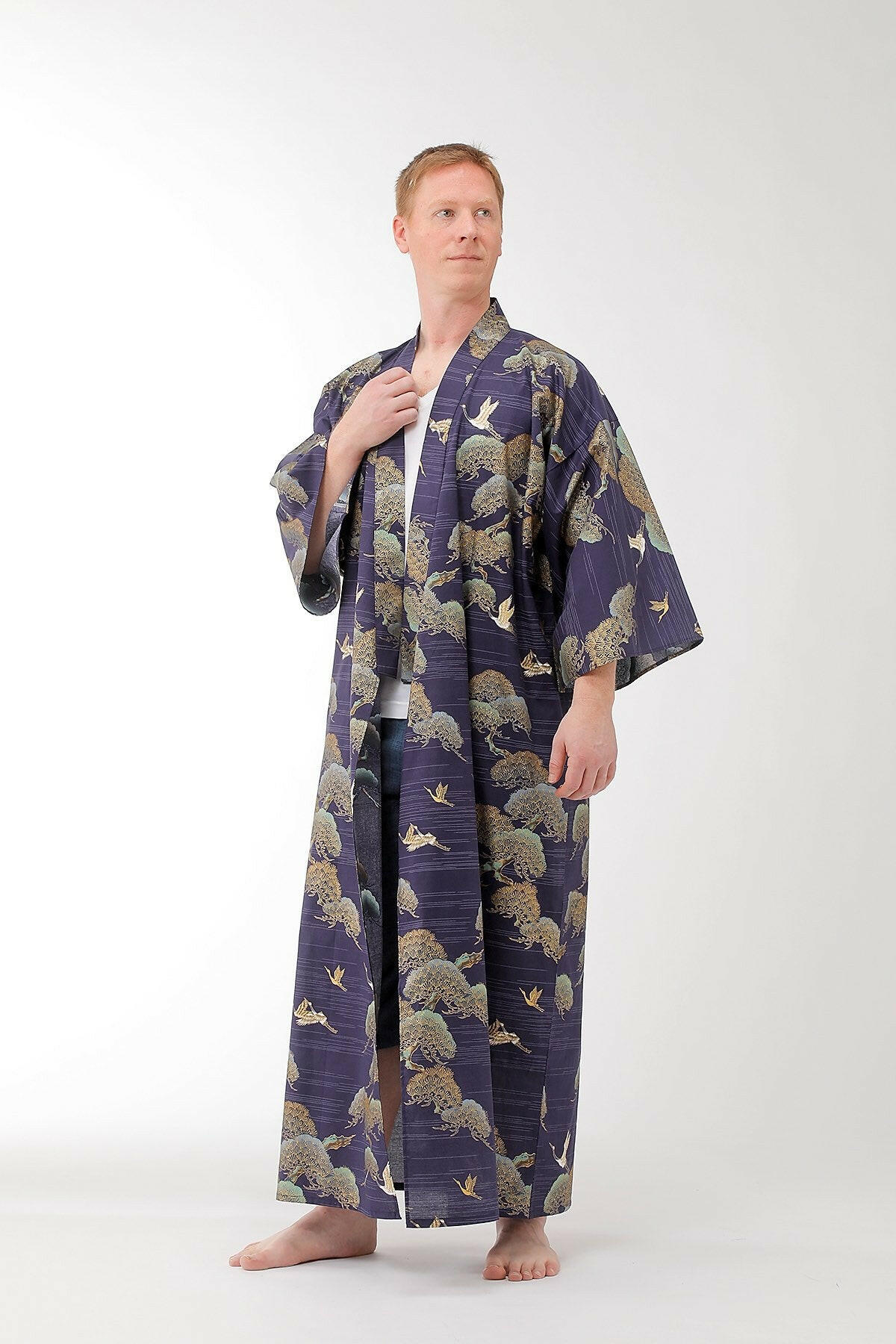 Men Pine & Crane Cotton Yukata Kimono Color Navy Model Side No Belt View