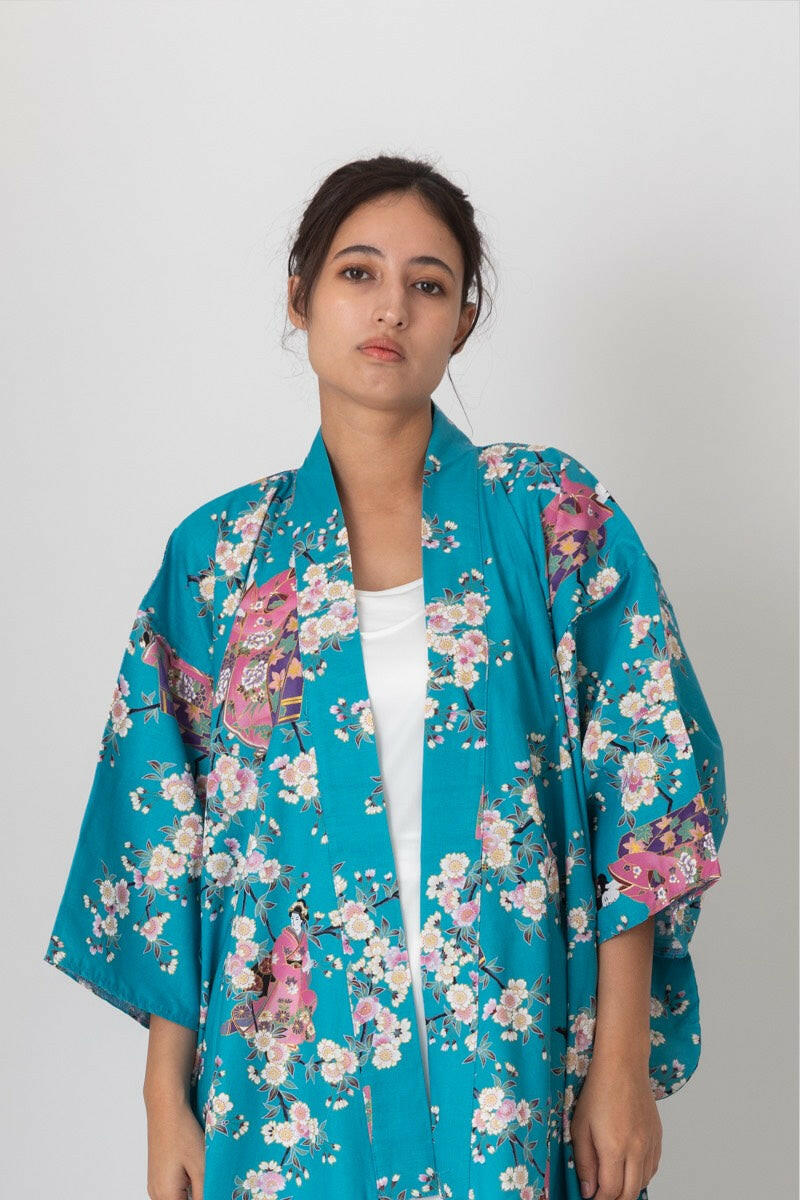 Women Maiko & Cherry flowers Polyester Short Kimono Color Turquoise Model Front No Belt View