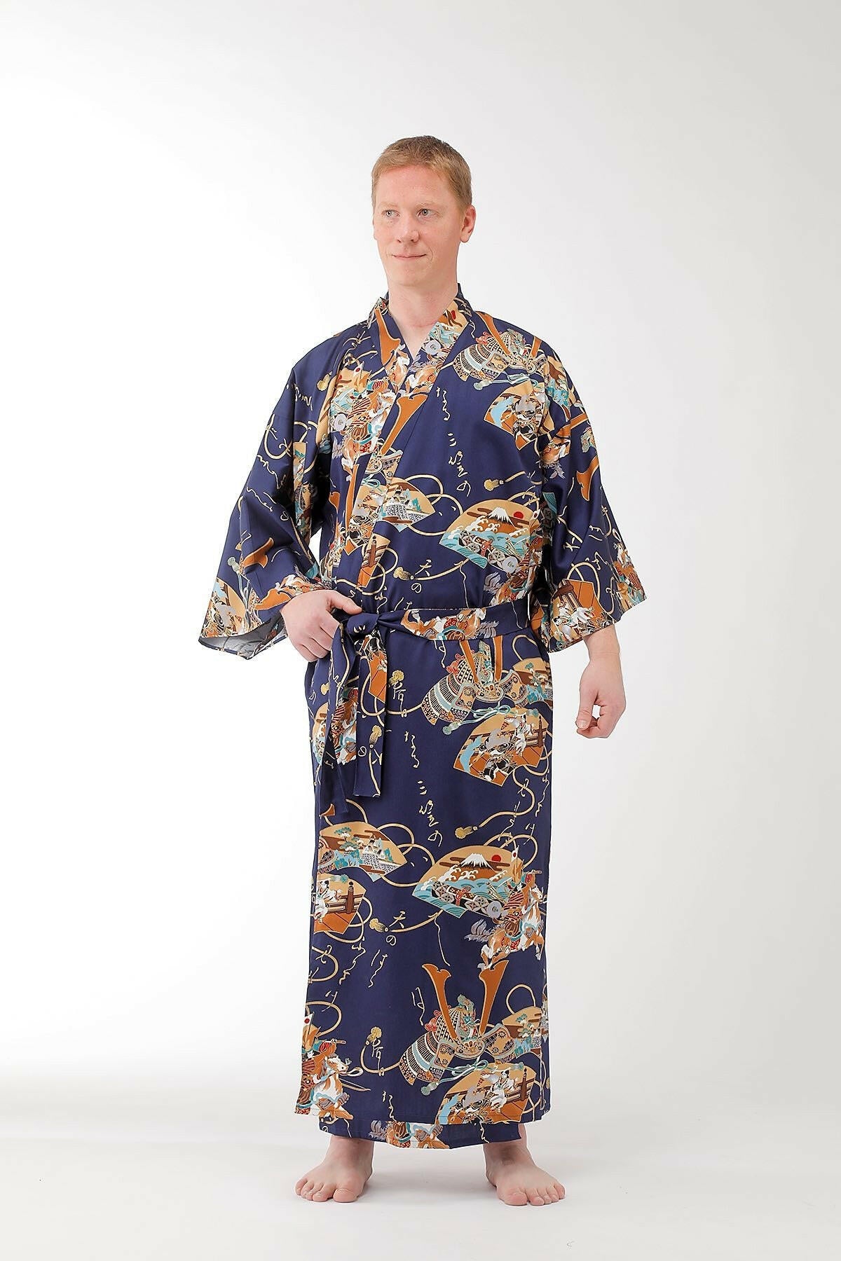 Men Samurai Warrior Cotton Sateen Kimono Color Navy Model Front View
