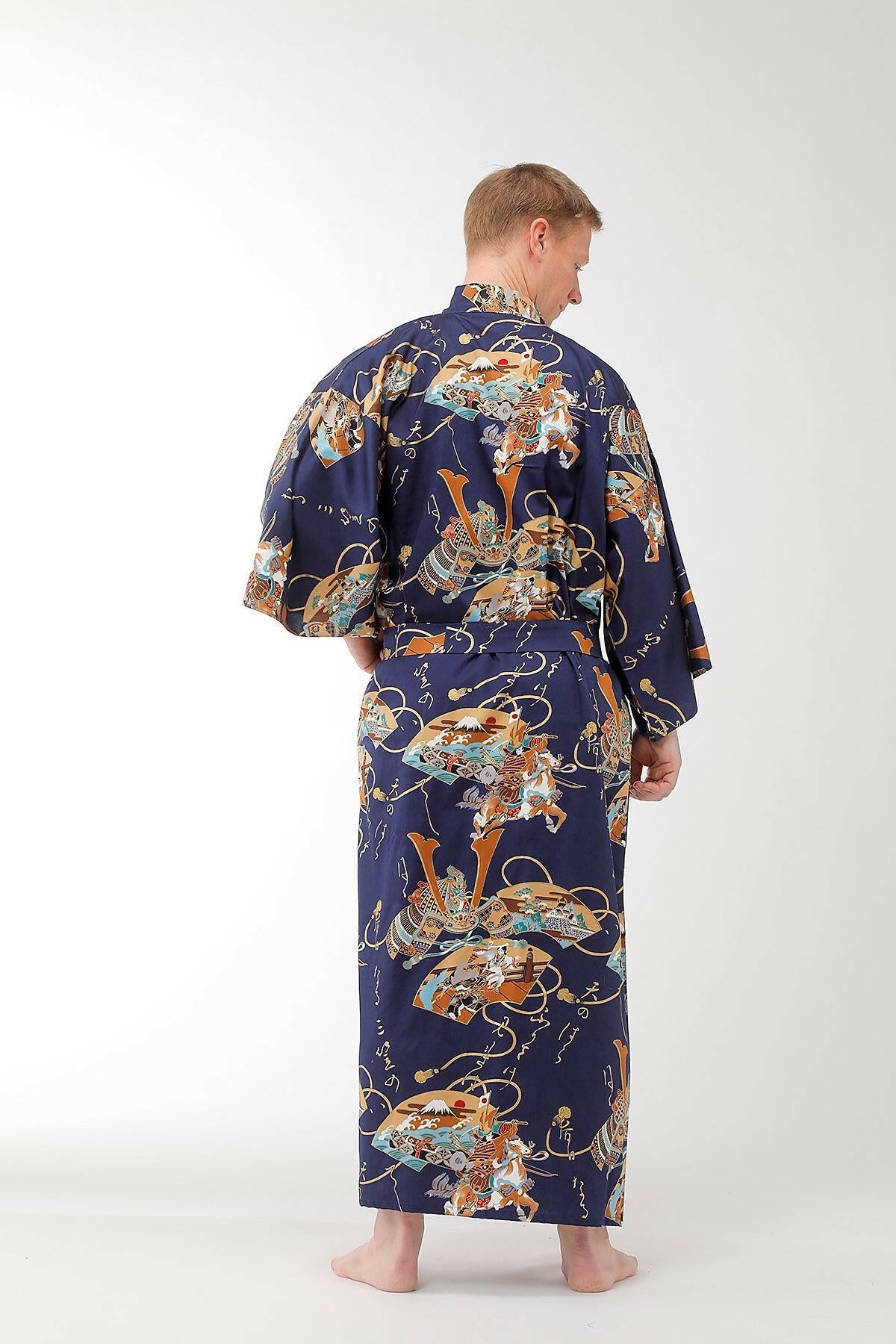 Men Samurai Warrior Cotton Sateen Kimono Color Navy Model Rear View