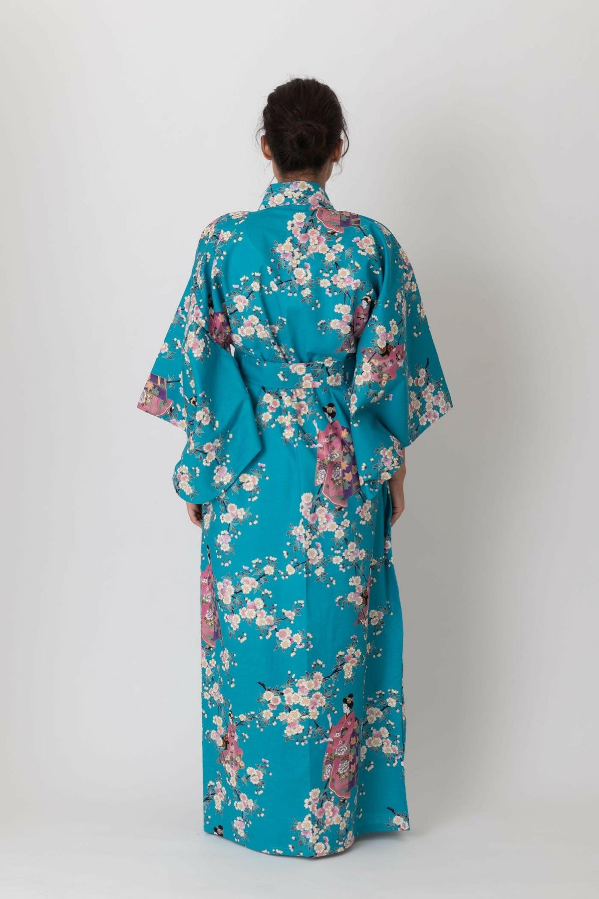 Women Maiko & Cherry flowers Polyester Kimono Color Turquoise Model Rear View