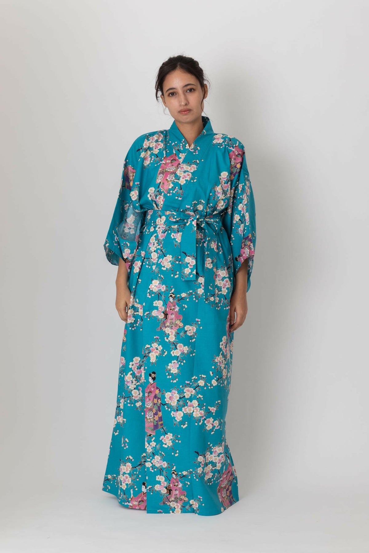 Women Maiko & Cherry flowers Polyester Kimono Color Turquoise Model Front View