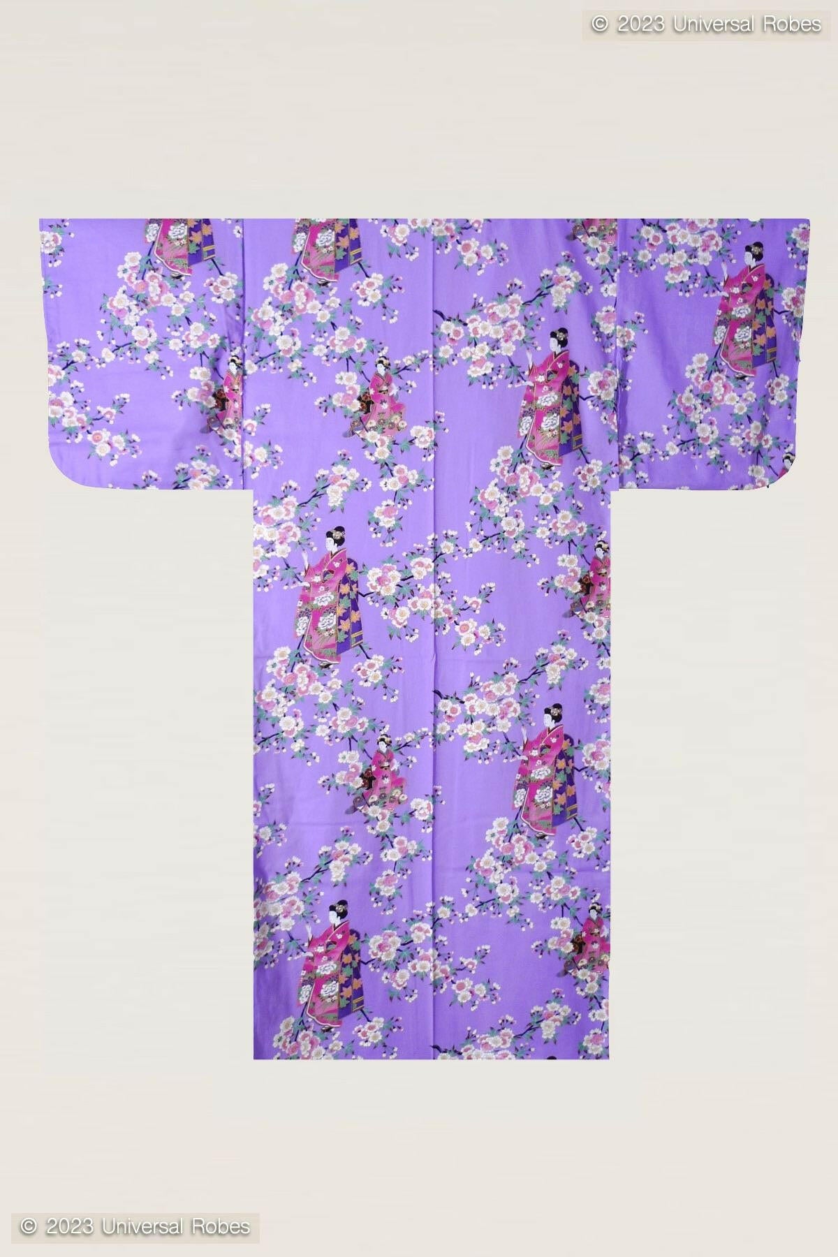 Women Maiko & Cherry flowers Polyester Kimono Color Purple Whole View