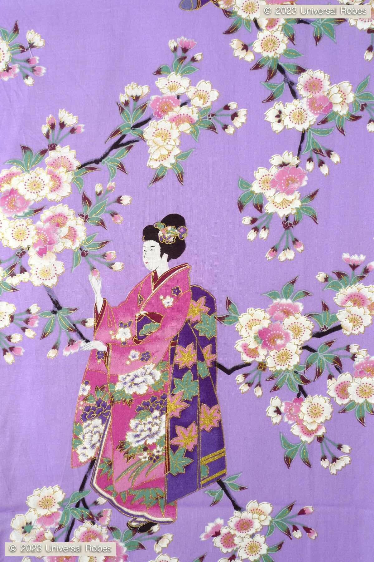 Women Maiko & Cherry flowers Polyester Short Kimono Color Purple Product Zoom View