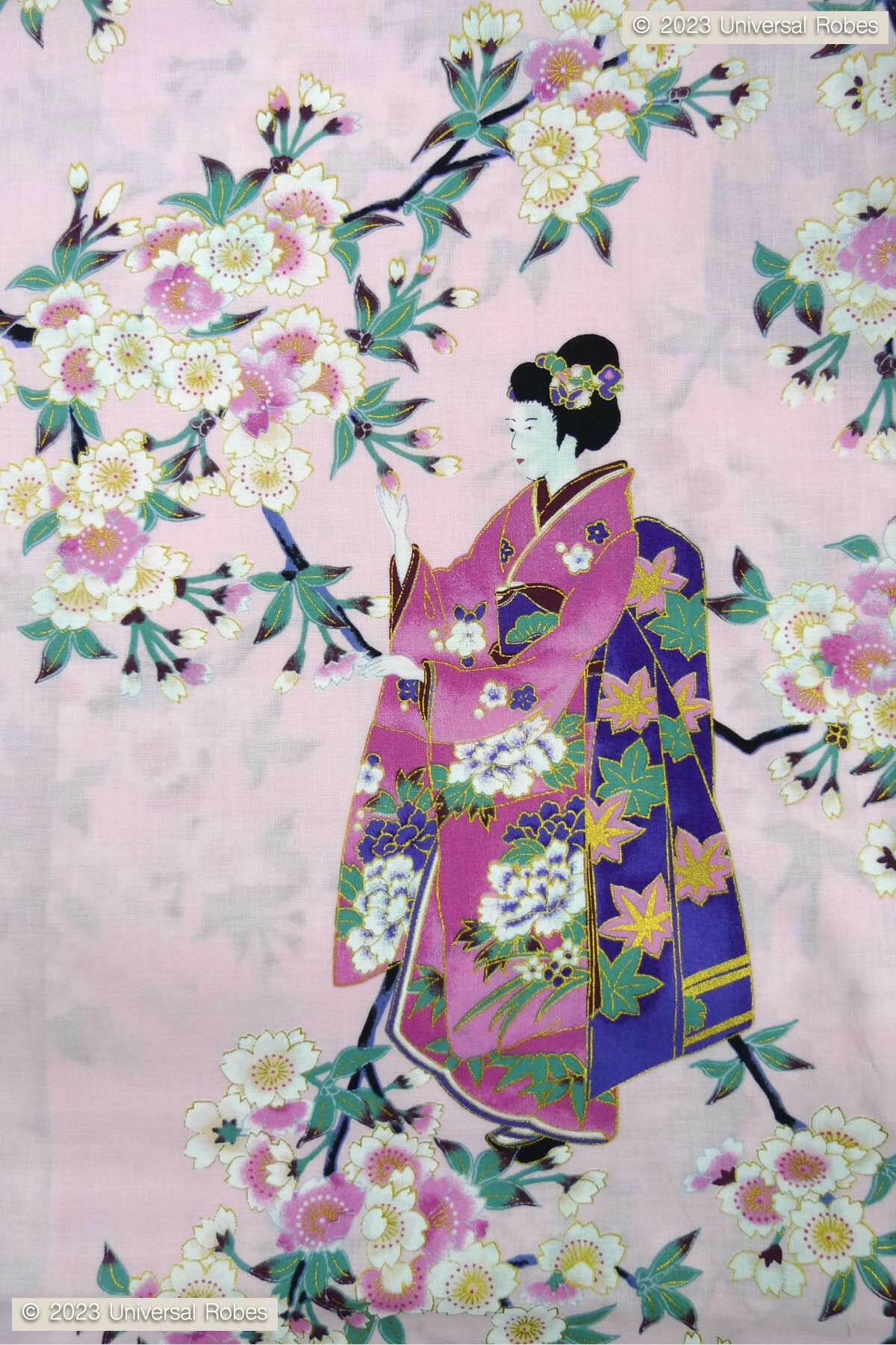 Women Maiko & Cherry flowers Polyester Short Kimono Color Pink Product Zoom View