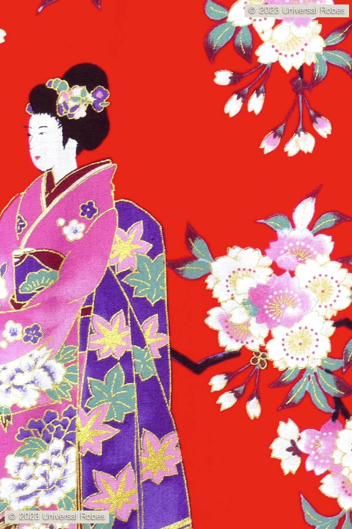 Women Maiko & Cherry flowers Polyester Kimono Color Red Product Zoom View