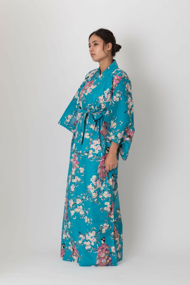 Women Maiko & Cherry flowers Polyester Kimono Color Turquoise Model Side View