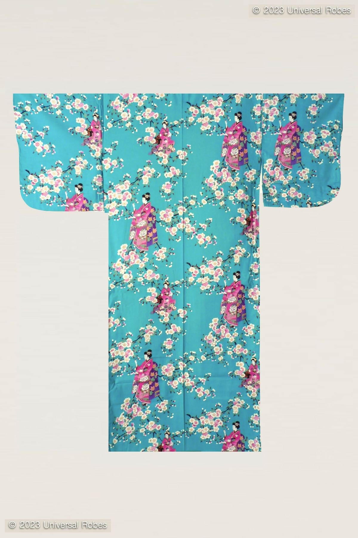 Women Maiko & Cherry flowers Polyester Kimono Color Turquoise Product Whole View
