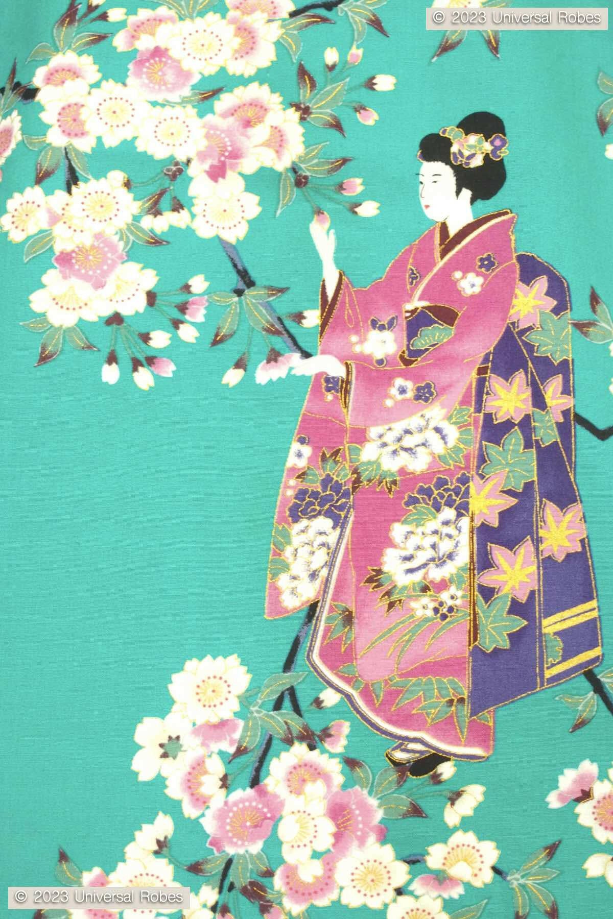 Women Maiko & Cherry flowers Polyester Kimono Color Turquoise Product Zoom View