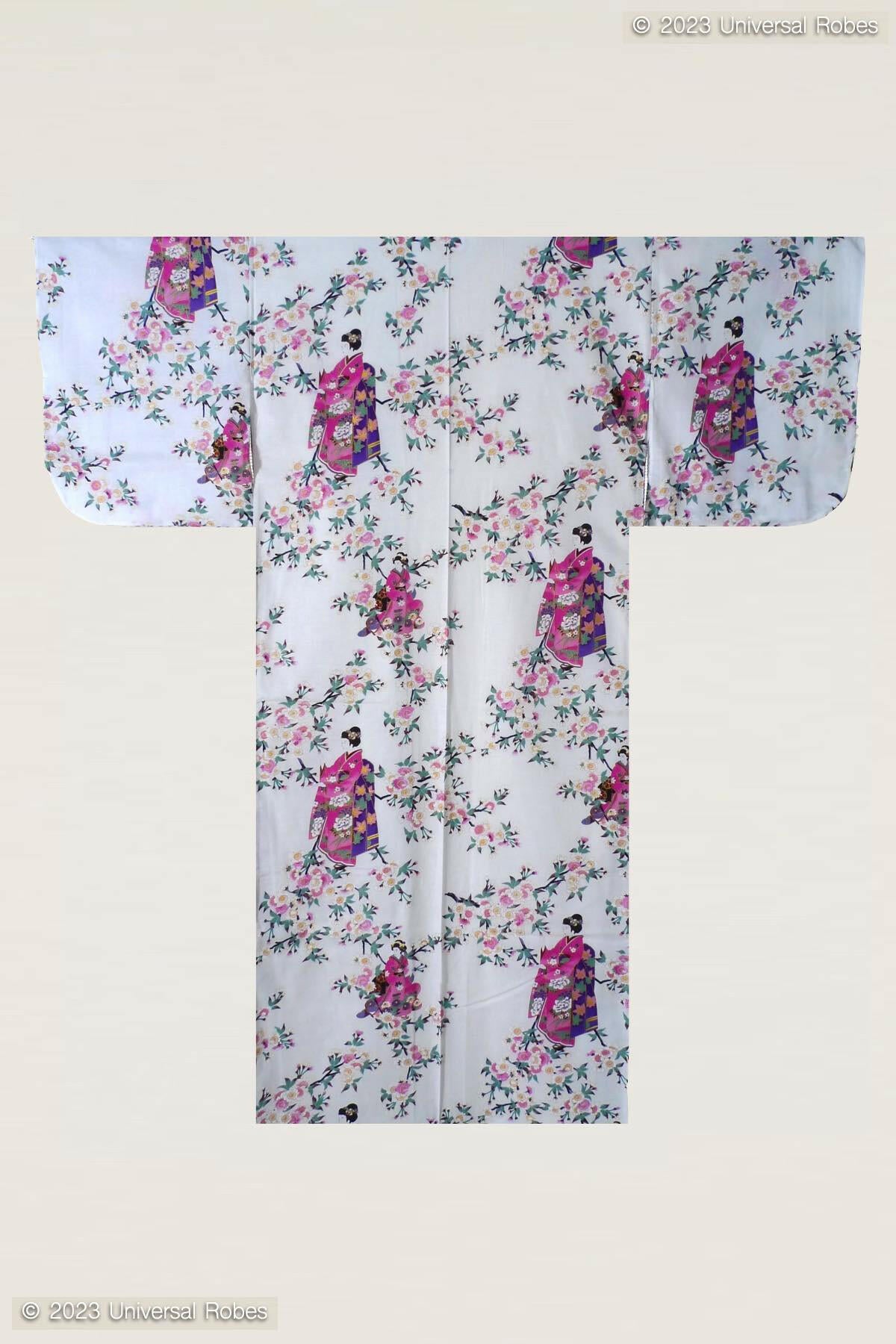 Women Maiko & Cherry flowers Polyester Kimono Color White Product Whole View