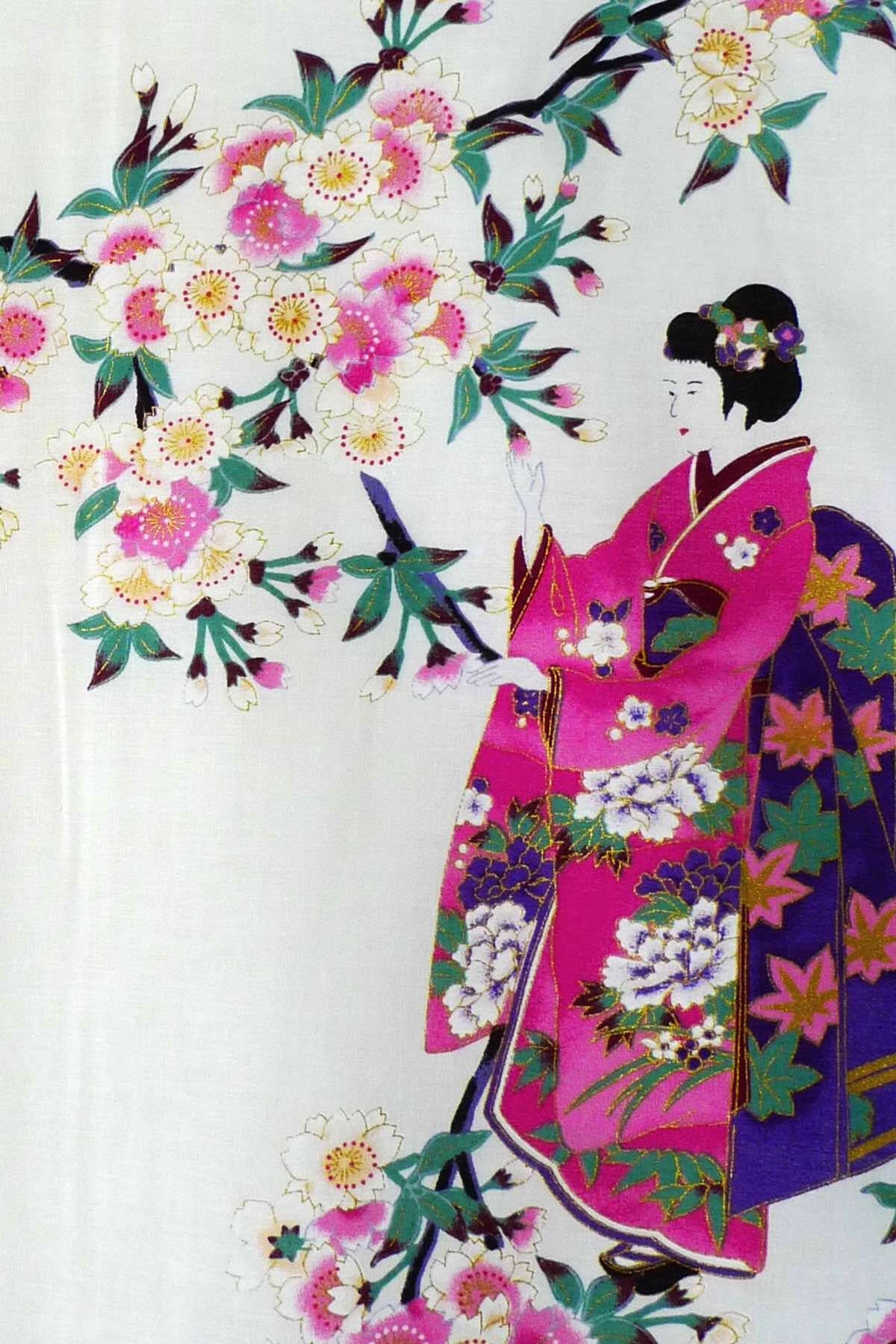 Women Maiko & Cherry flowers Polyester Kimono Color White Product Zoom View