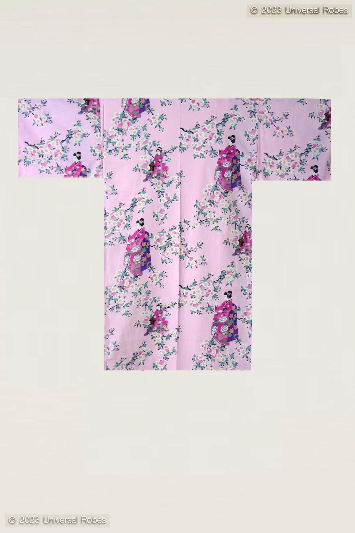 Women Maiko & Cherry flowers Polyester Short Kimono Color Pink Product Whole View