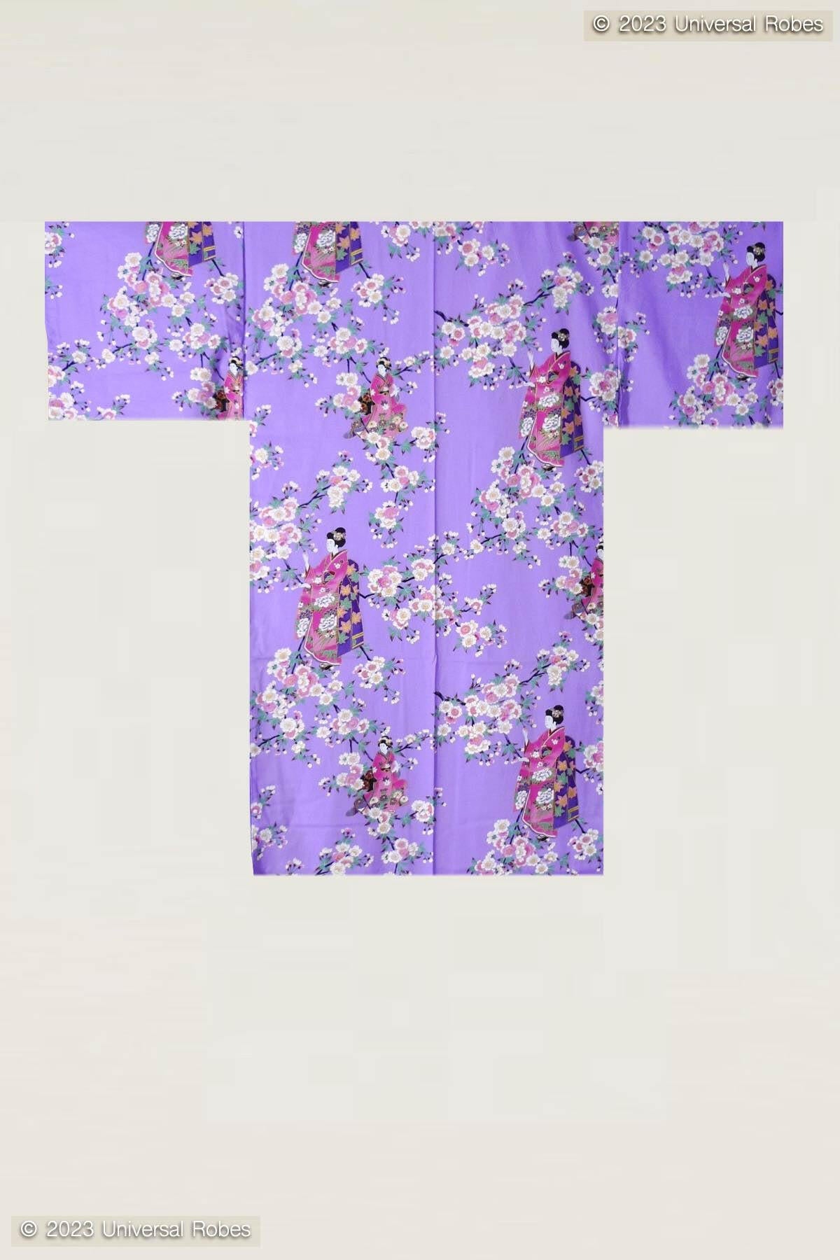 Women Maiko & Cherry flowers Polyester Short Kimono Color Purple Product Whole View