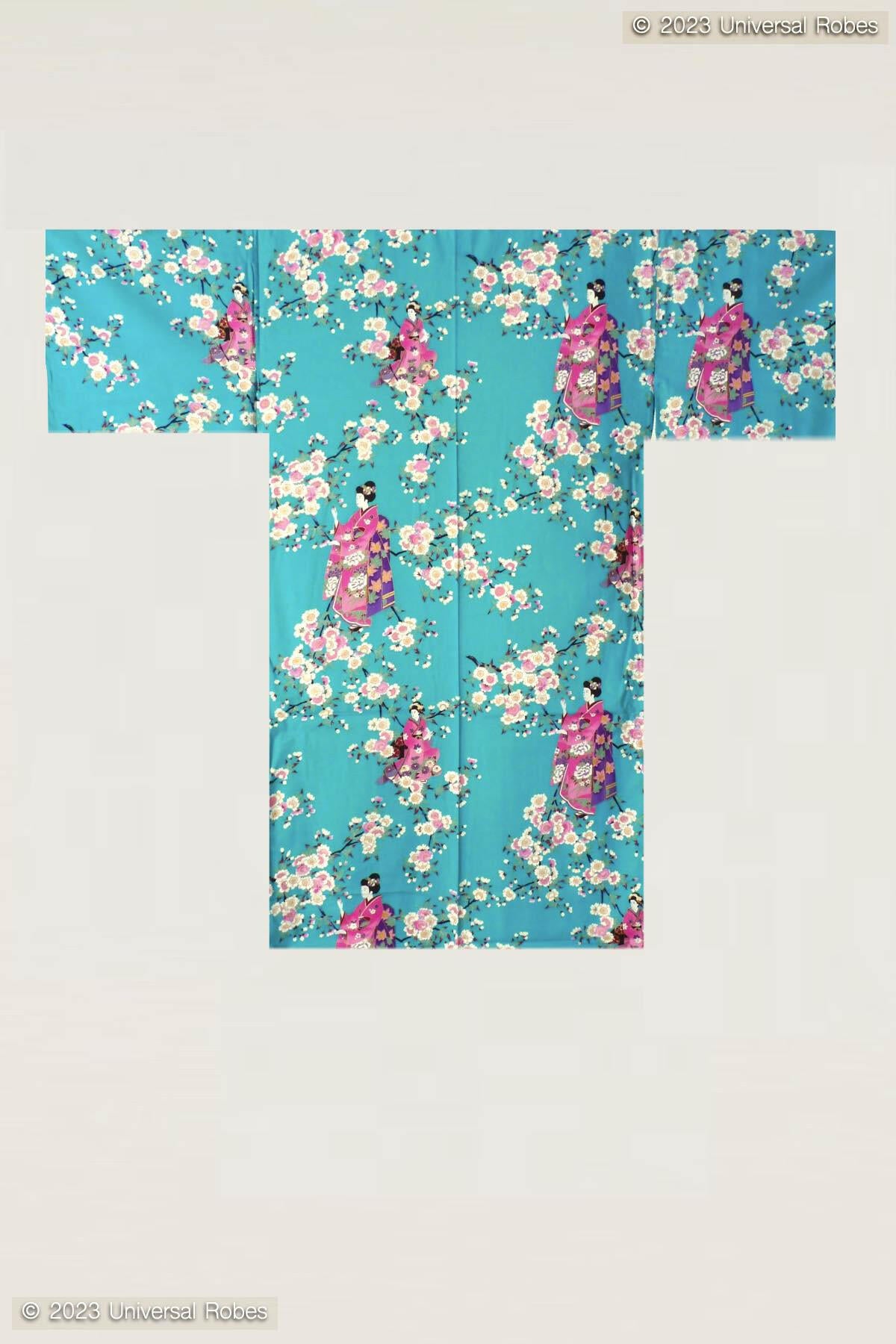 Women Maiko & Cherry flowers Polyester Short Kimono Color Turquoise Product Whole View