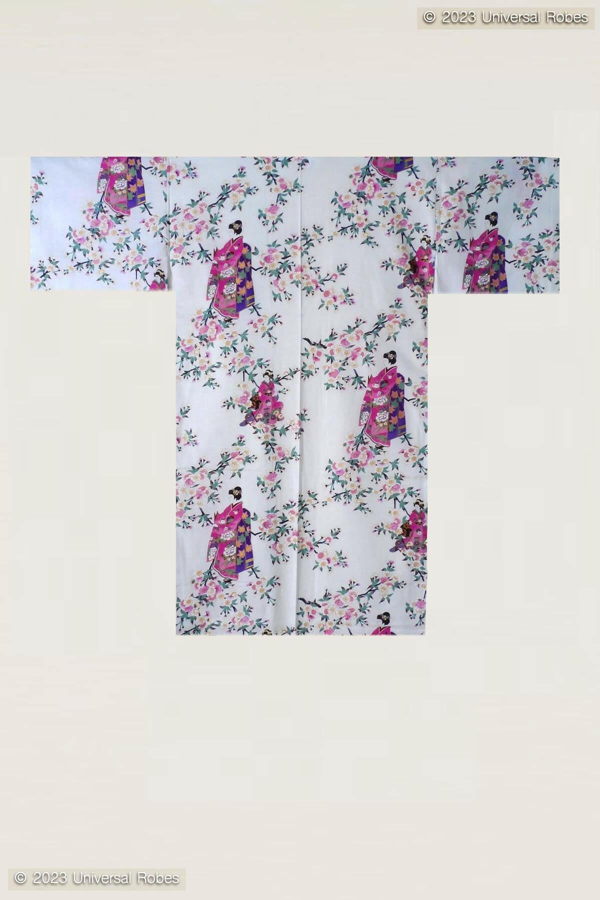 Women Maiko & Cherry flowers Polyester Short Kimono Color White Product Whole View