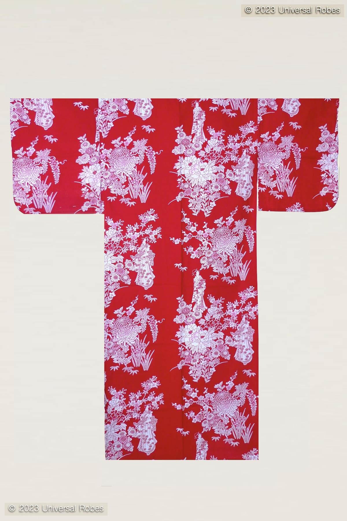 Women Peony & Beauty Cotton Yukata Kimono Color Red Product Whole View