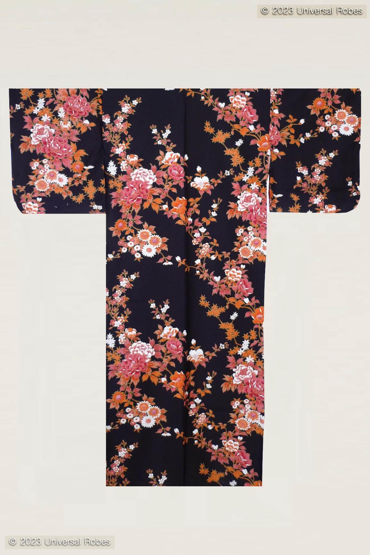 Women Peony & Cherry Blossom Cotton Sateen Kimono Color Black Product Whole View