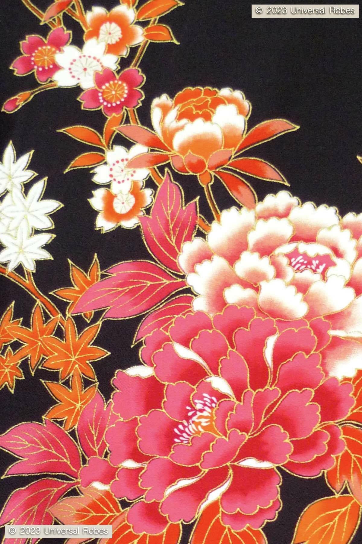 Women Peony & Cherry Blossom Cotton Sateen Kimono Color Black Product Zoom View