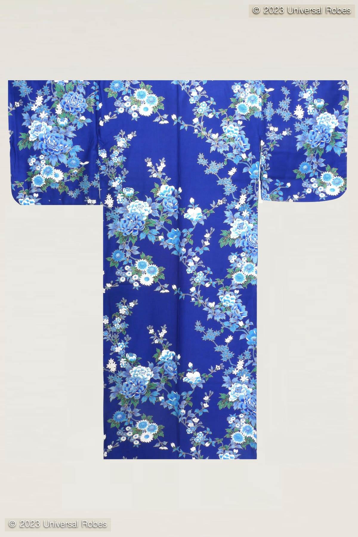 Women Peony & Cherry Blossom Cotton Sateen Kimono Color Navy Product Whole View