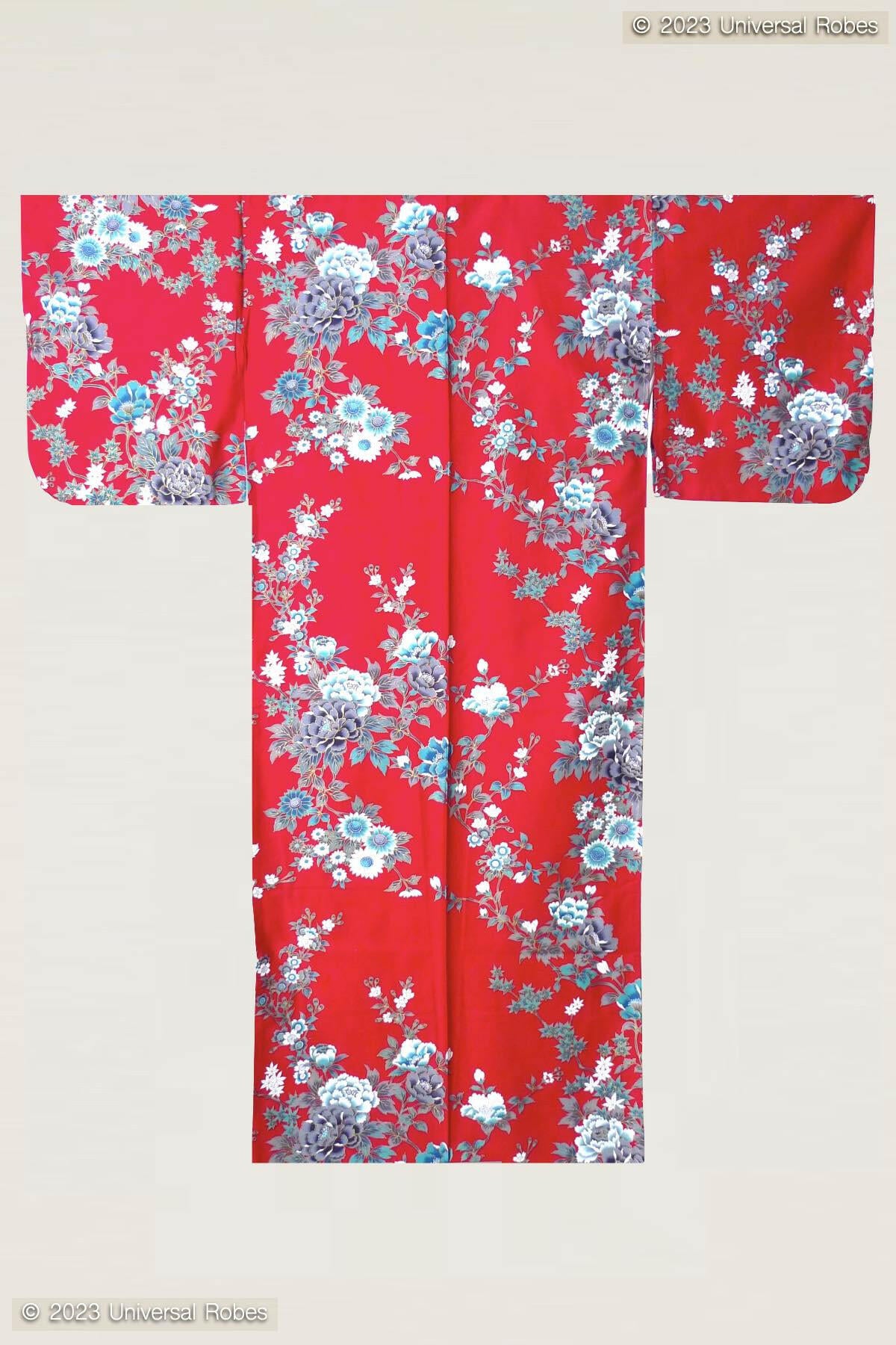 Women Peony & Cherry Blossom Cotton Sateen Kimono Color Red Product Whole View