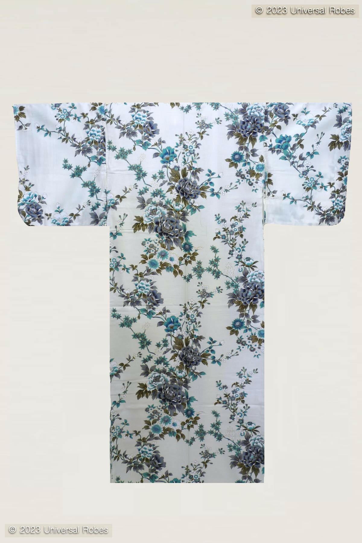 Women Peony & Cherry Blossom Cotton Sateen Kimono Color White Product Whole View