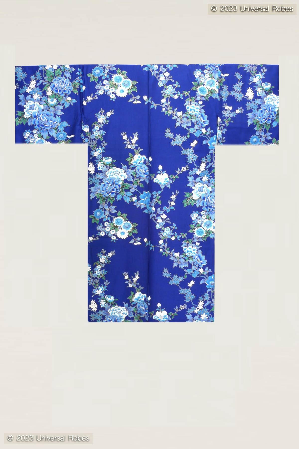 Women Peony & Cherry Blossom Cotton Sateen Short Kimono Color Navy Product Whole View