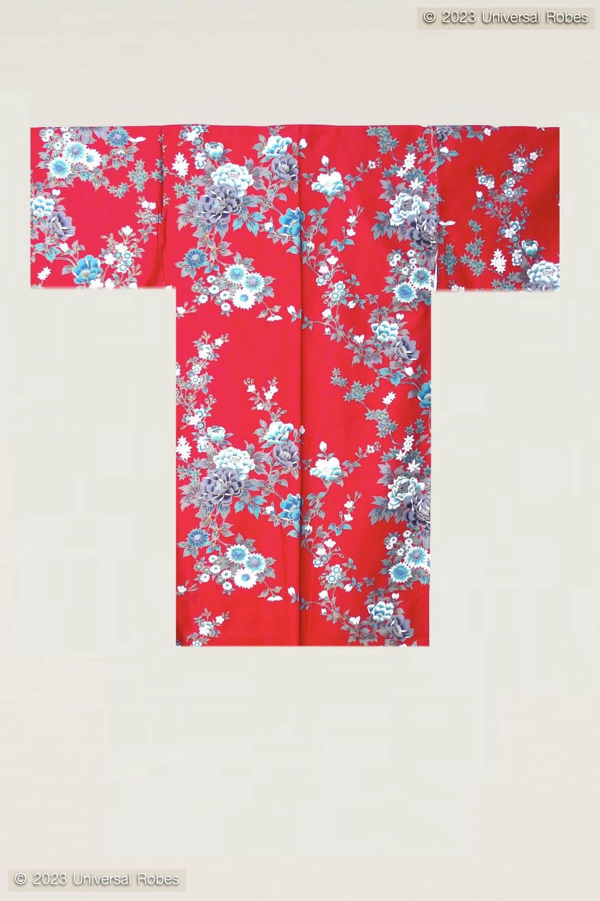 Women Peony & Cherry Blossom Cotton Sateen Short Kimono Color Red Product Whole View