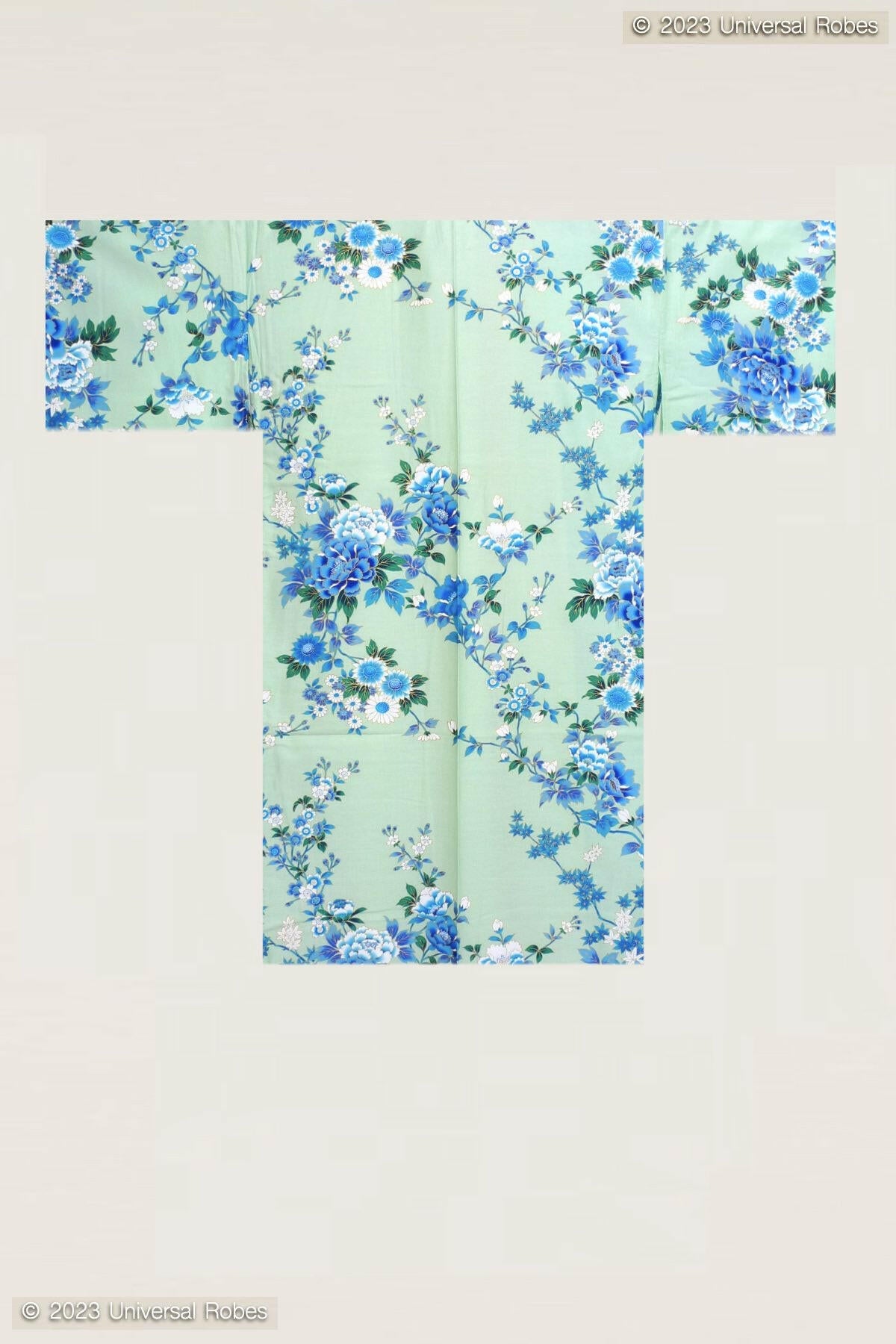 Women Peony & Cherry Blossom Cotton Sateen Short Kimono Color Turquoise Product Whole View