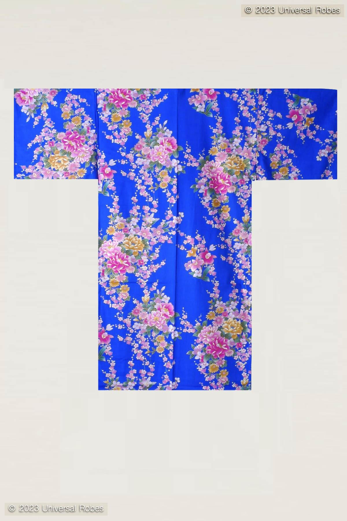 Women Peony & Orchis Cotton Short Yukata Kimono Color Blue Product Whole View