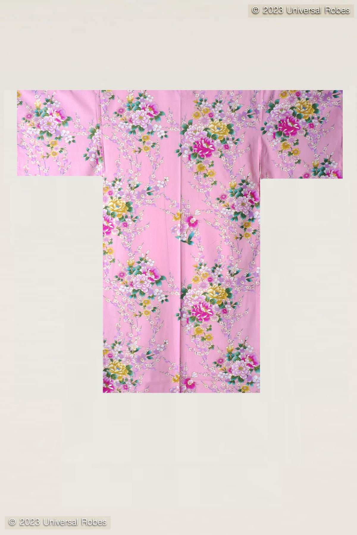 Women Peony & Orchis Cotton Short Yukata Kimono Color Pink Product Whole View