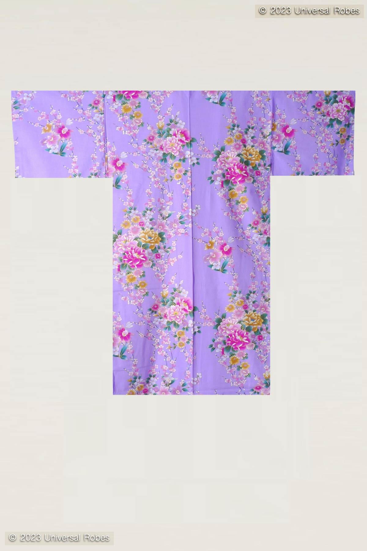 Women Peony & Orchis Cotton Short Yukata Kimono Color Purple Product Whole View