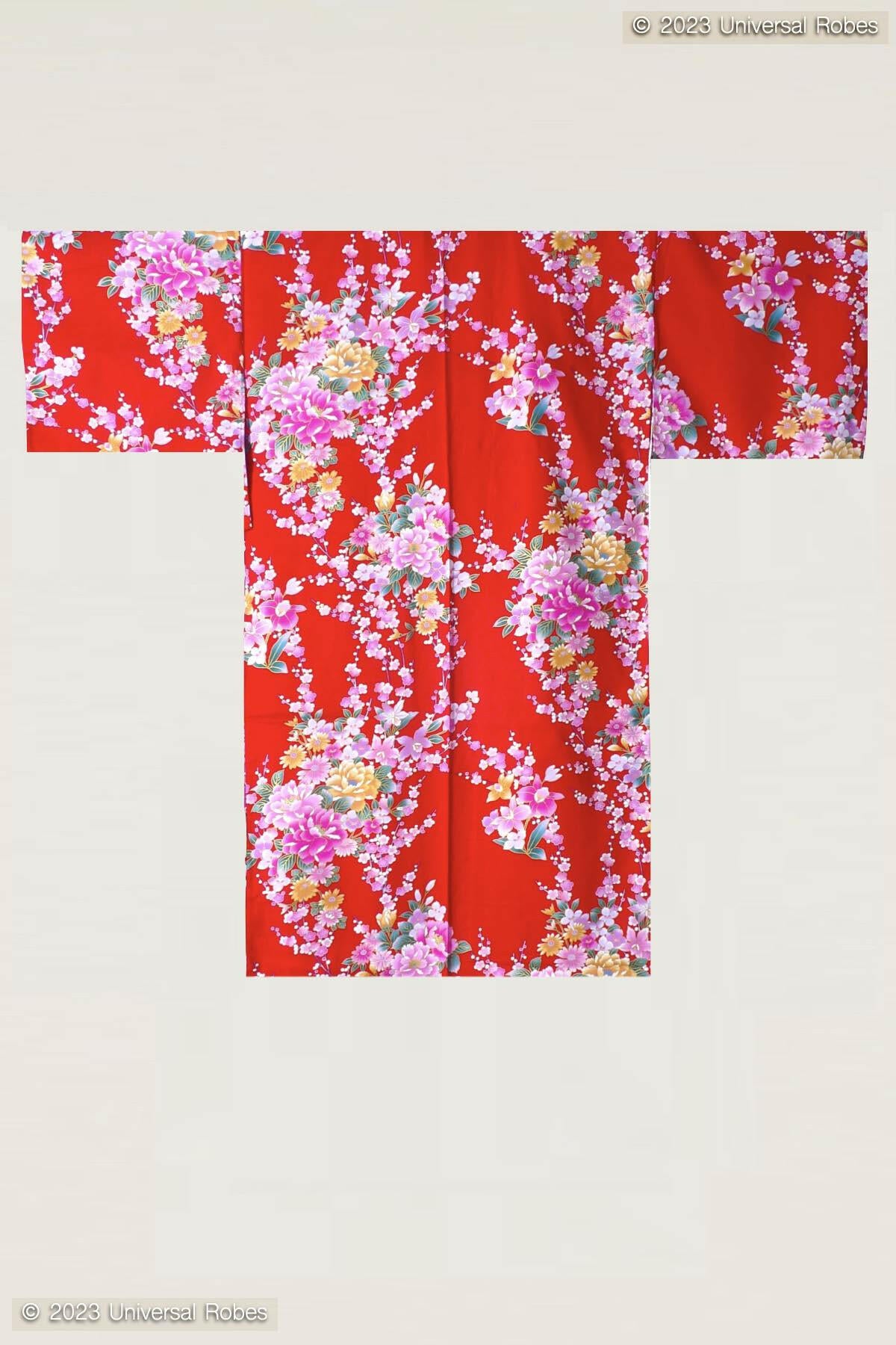 Women Peony & Orchis Cotton Short Yukata Kimono Color Red Product Whole View