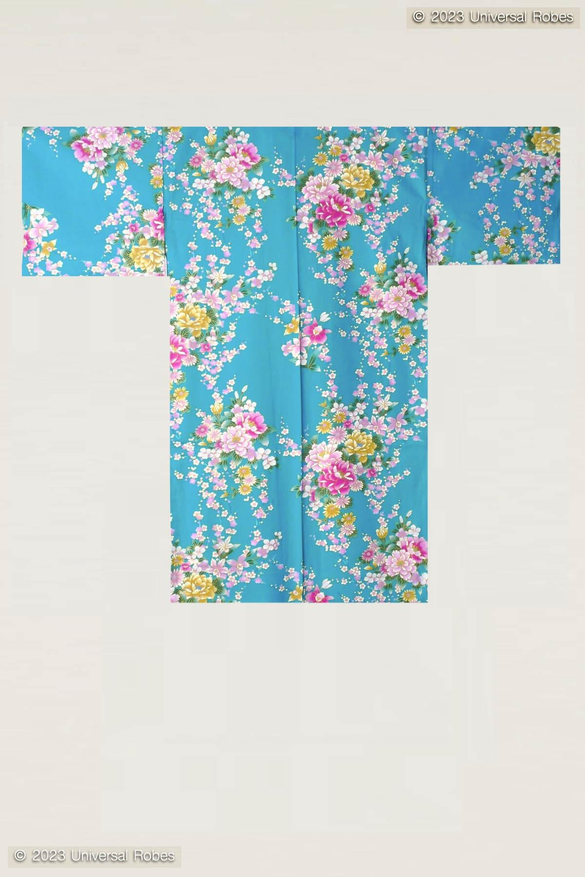 Women Peony & Orchis Cotton Short Yukata Kimono Color Turquoise Product Whole View