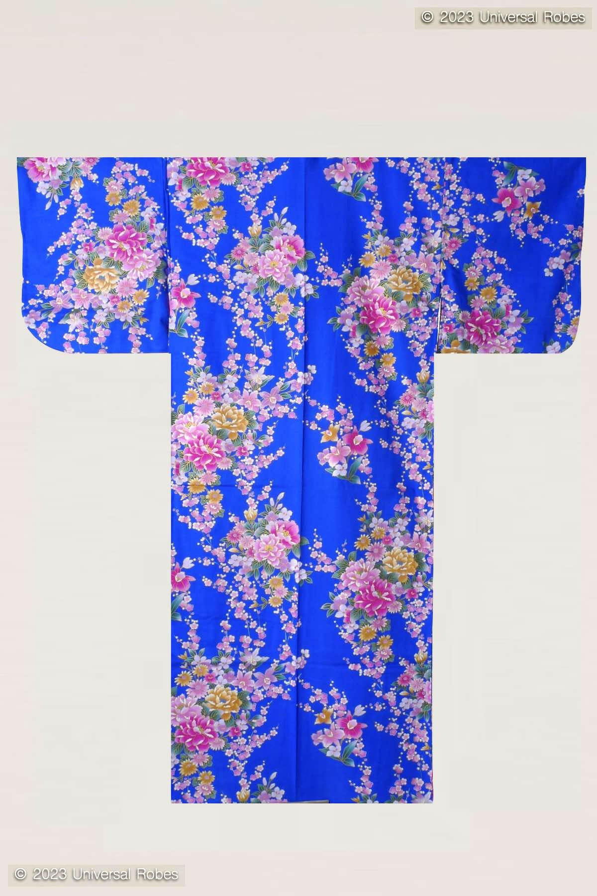 Women Peony & Orchis Cotton Yukata Kimono Color Blue Product Whole View