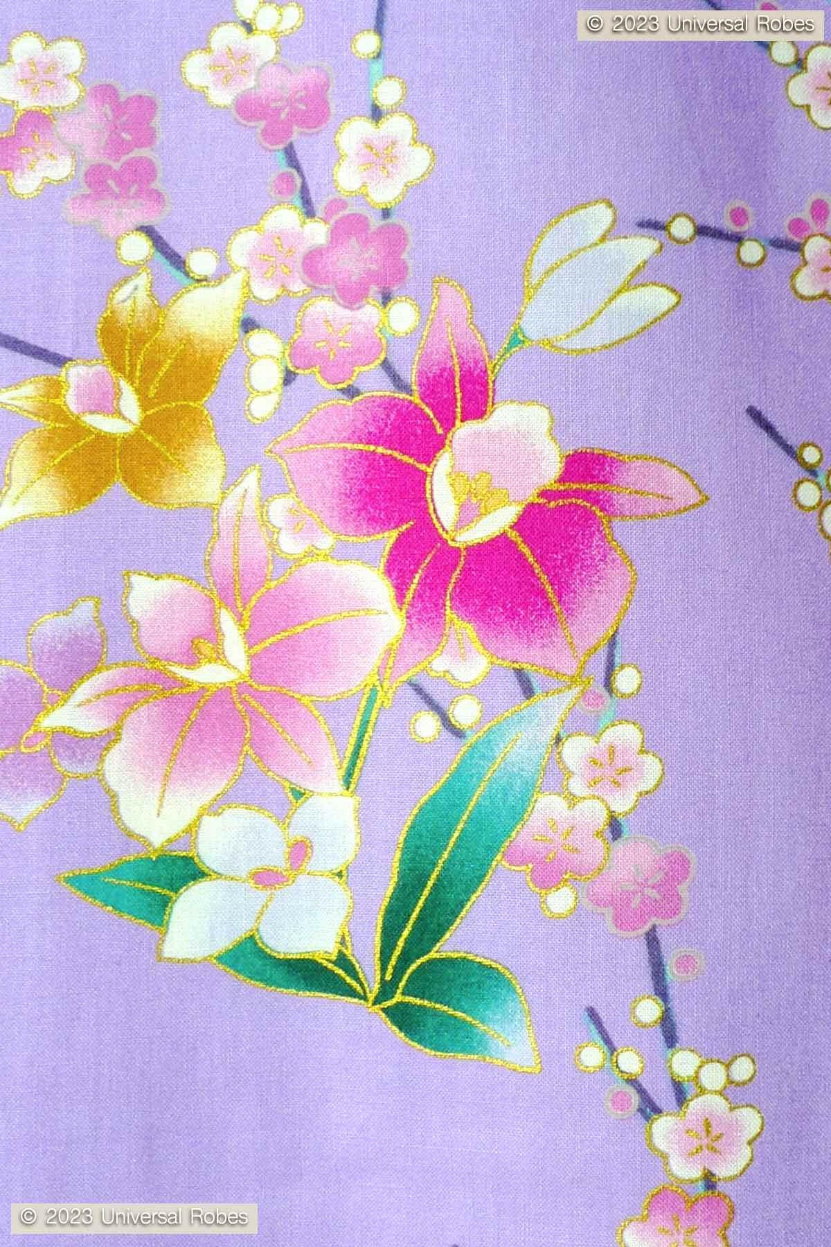 Women Peony & Orchis Cotton Short Yukata Kimono Color Purple Product Zoom View