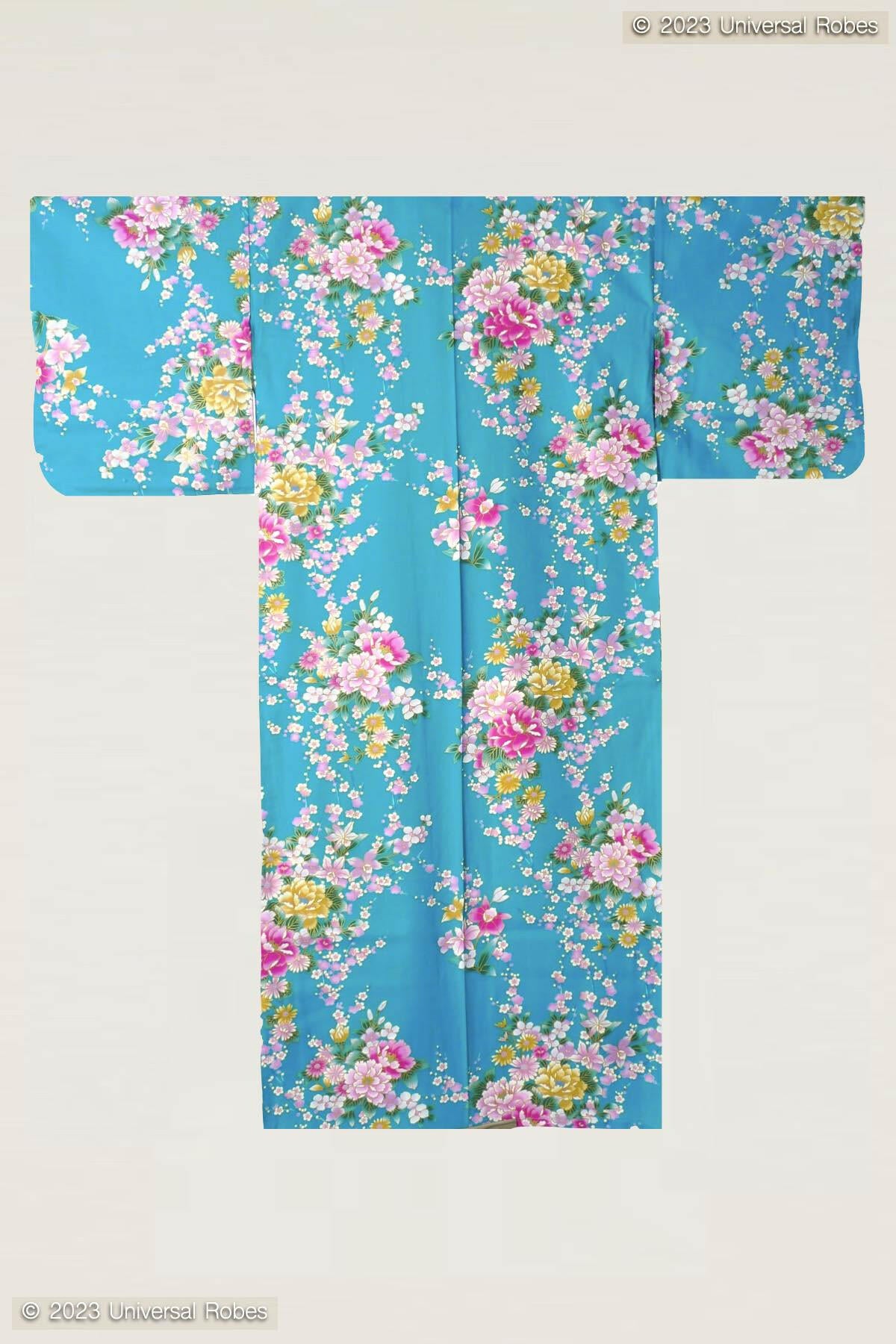 Women Peony & Orchis Cotton Yukata Kimono Color Turquoise Product Whole View