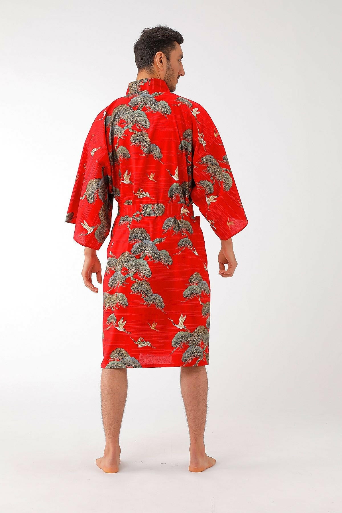 Men Pine & Crane Cotton Short Yukata Kimono Color Red Model Rear View