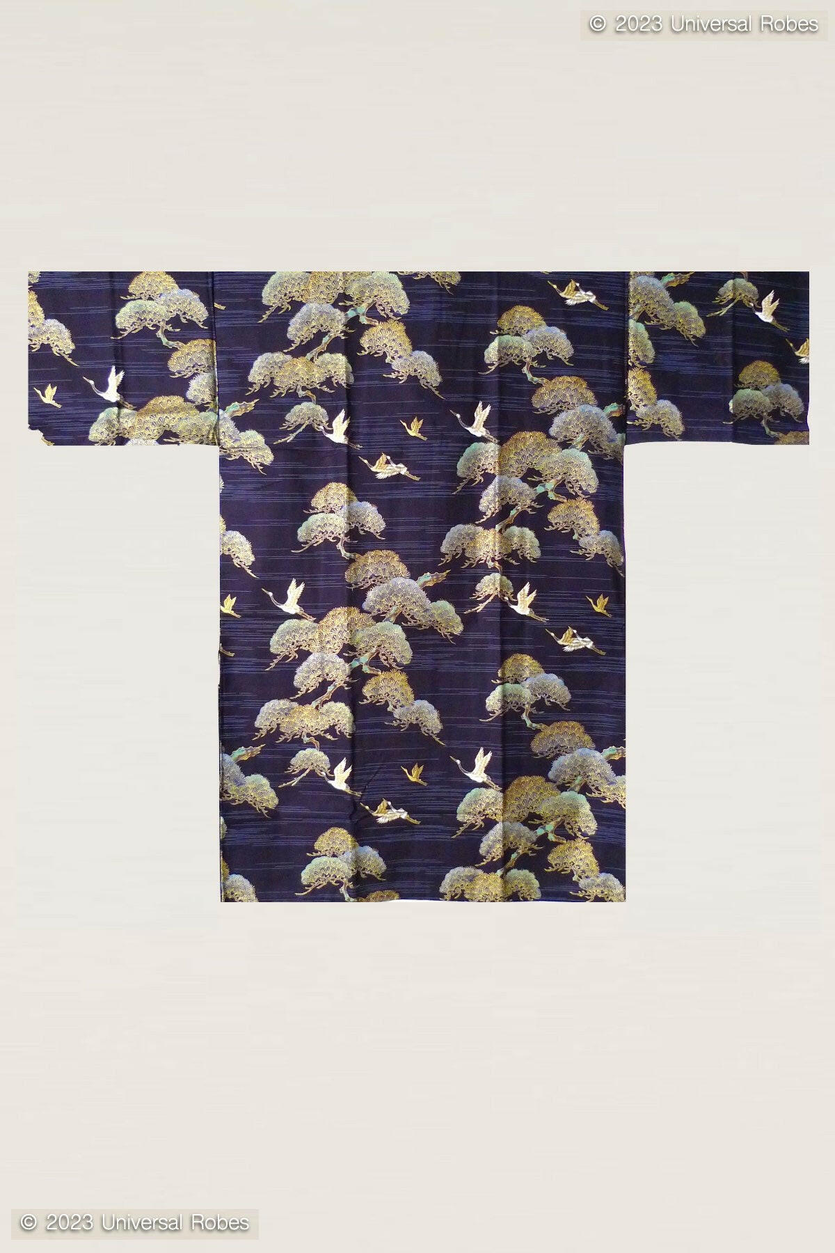 Men Pine & Crane Cotton Short Yukata Kimono Color Black Product Whole View