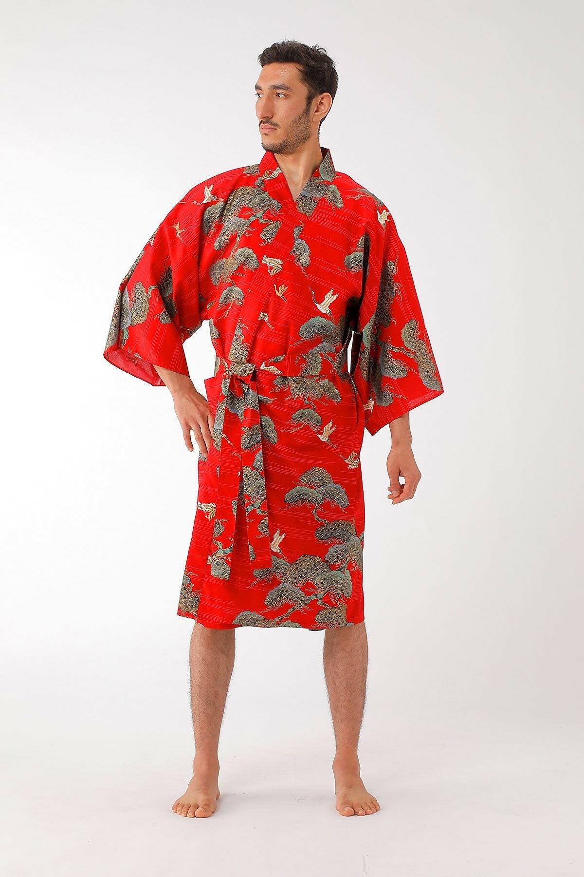 Men Pine & Crane Cotton Short Yukata Kimono Color Red Model Front View