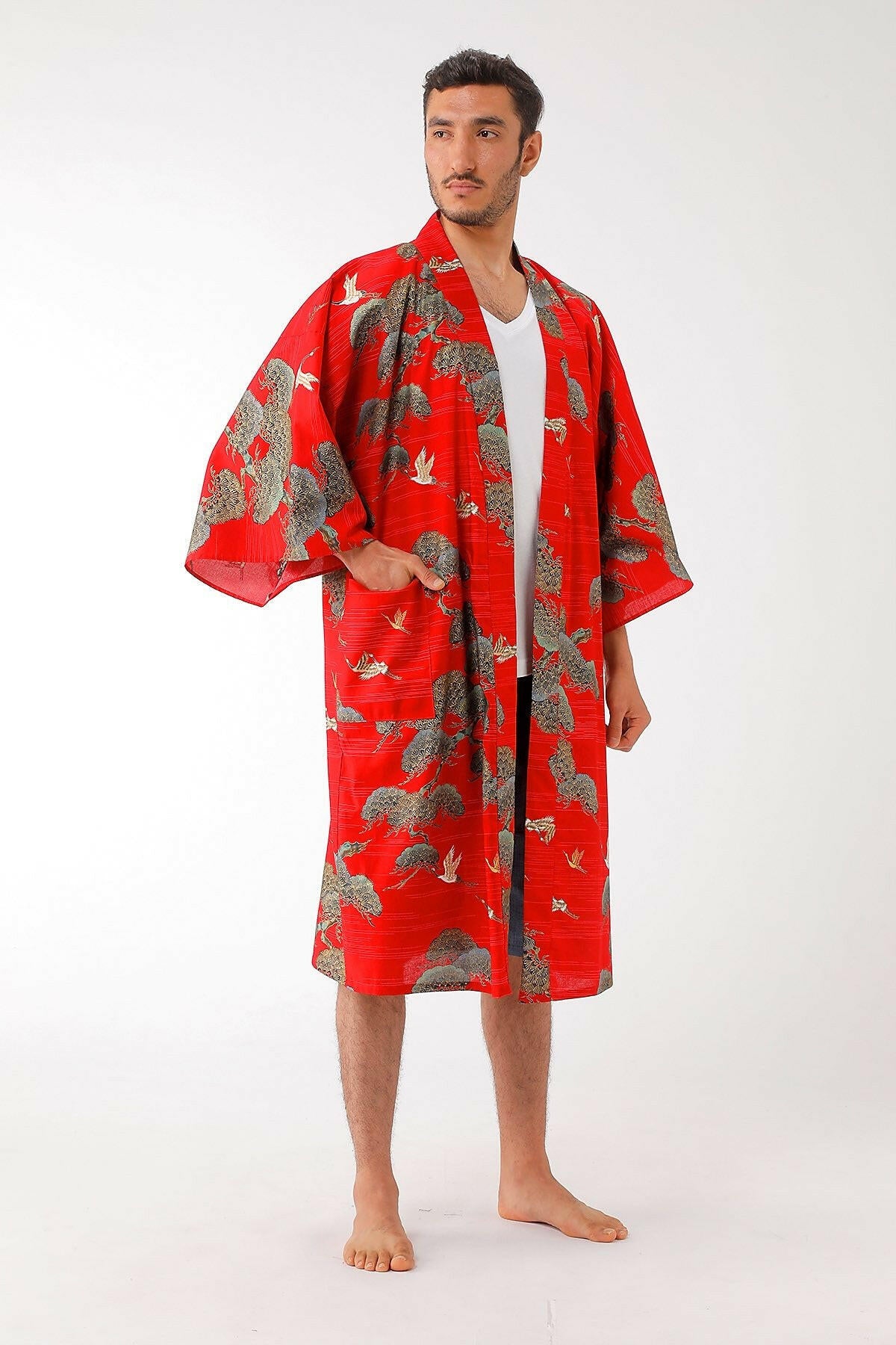Men Pine & Crane Cotton Short Yukata Kimono Color Red Model Side No Belt View
