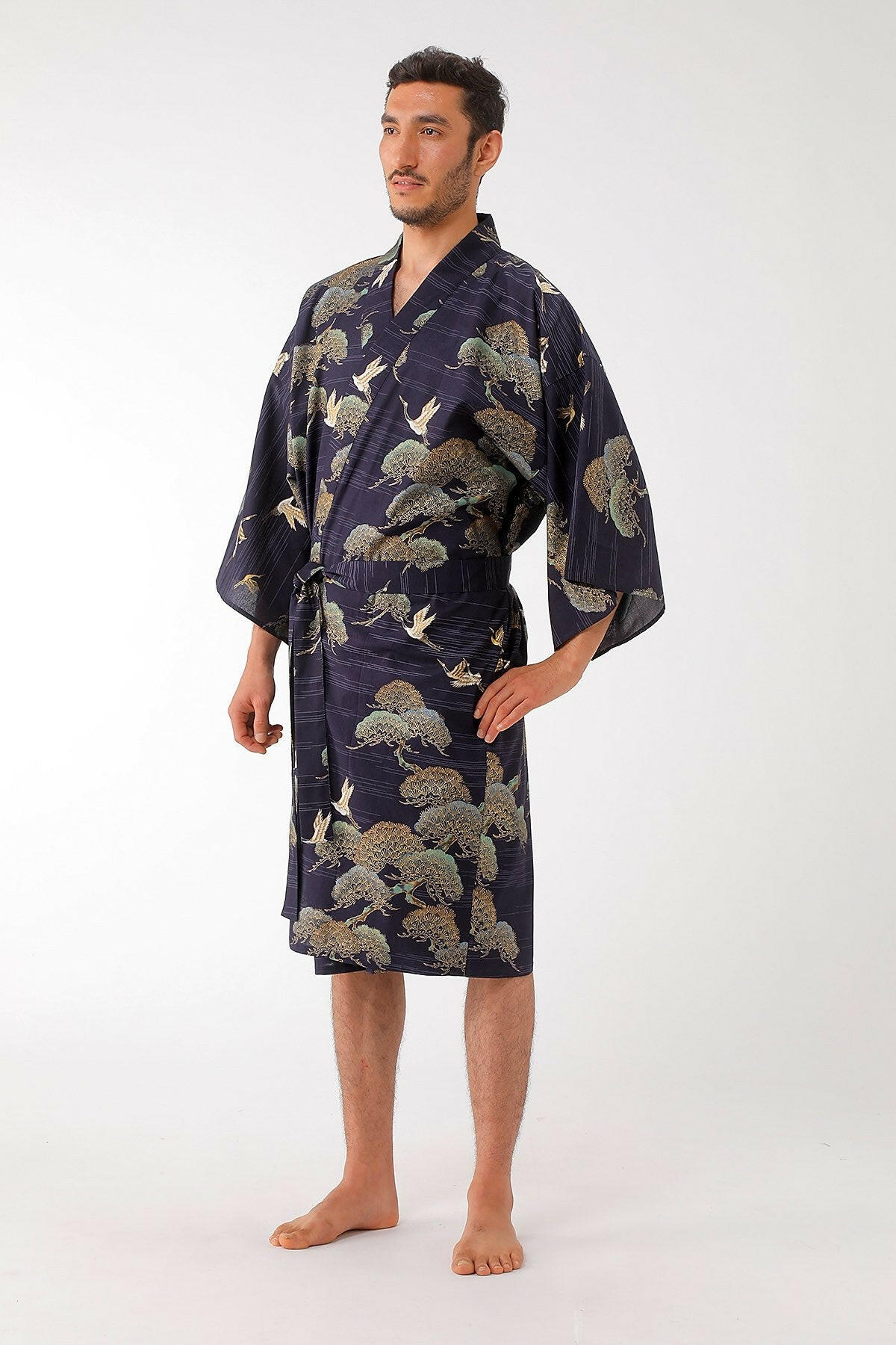 Men Pine & Crane Cotton Short Yukata Kimono Color Navy Model Side View