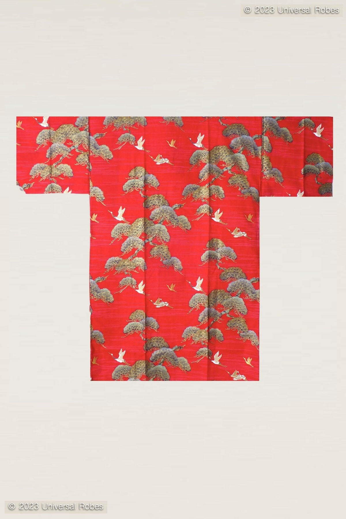 Men Pine & Crane Cotton Short Yukata Kimono Color Red Product Whole View