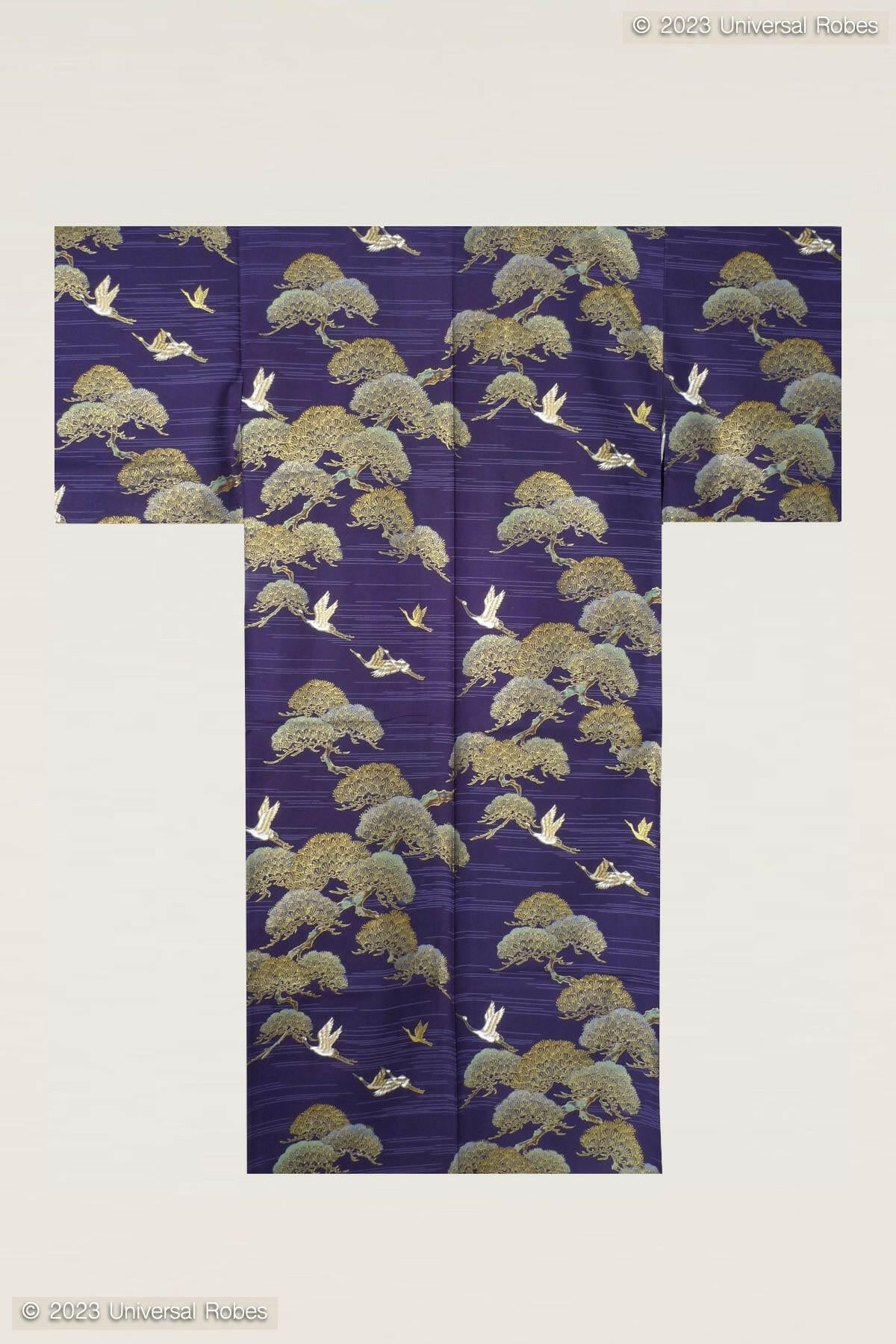 Men Pine & Crane Cotton Yukata Kimono Color Navy Product Whole View