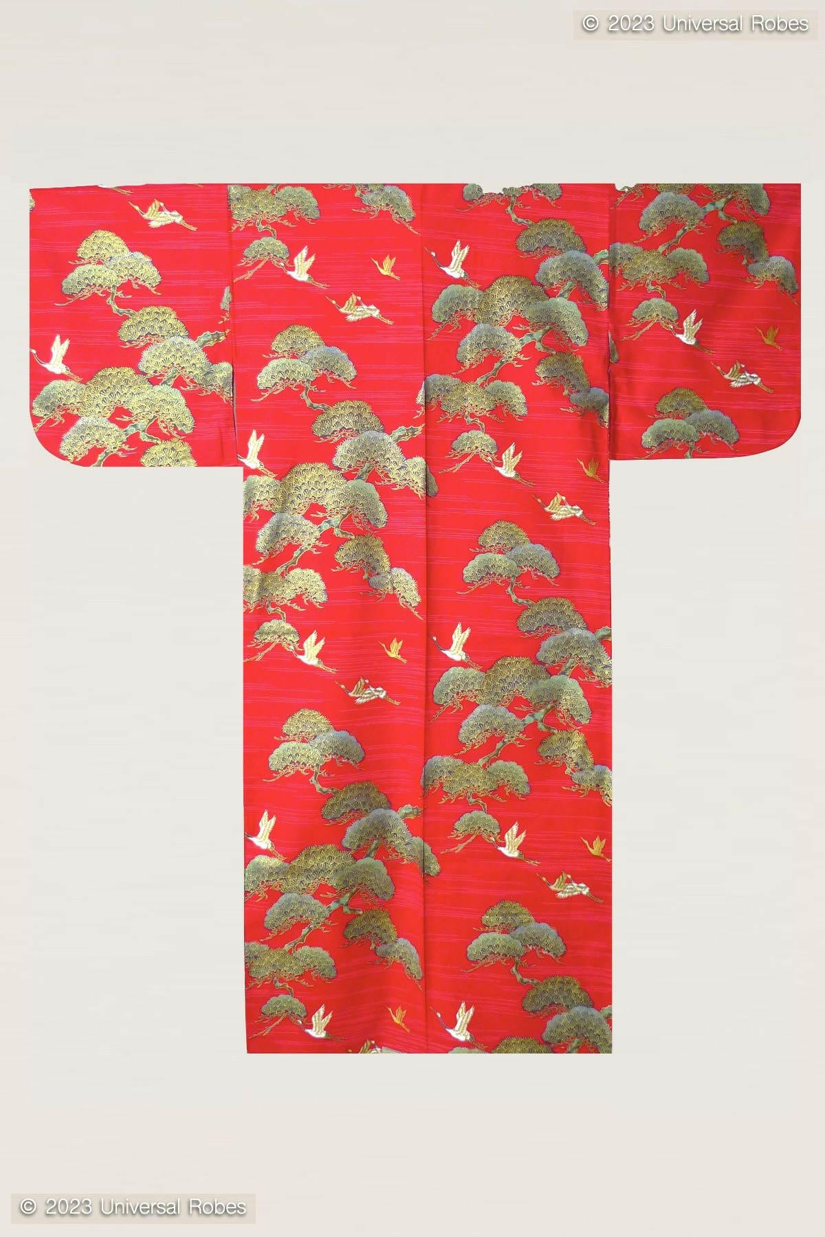 Men Pine & Crane Cotton Yukata Kimono Color Red Product Whole View