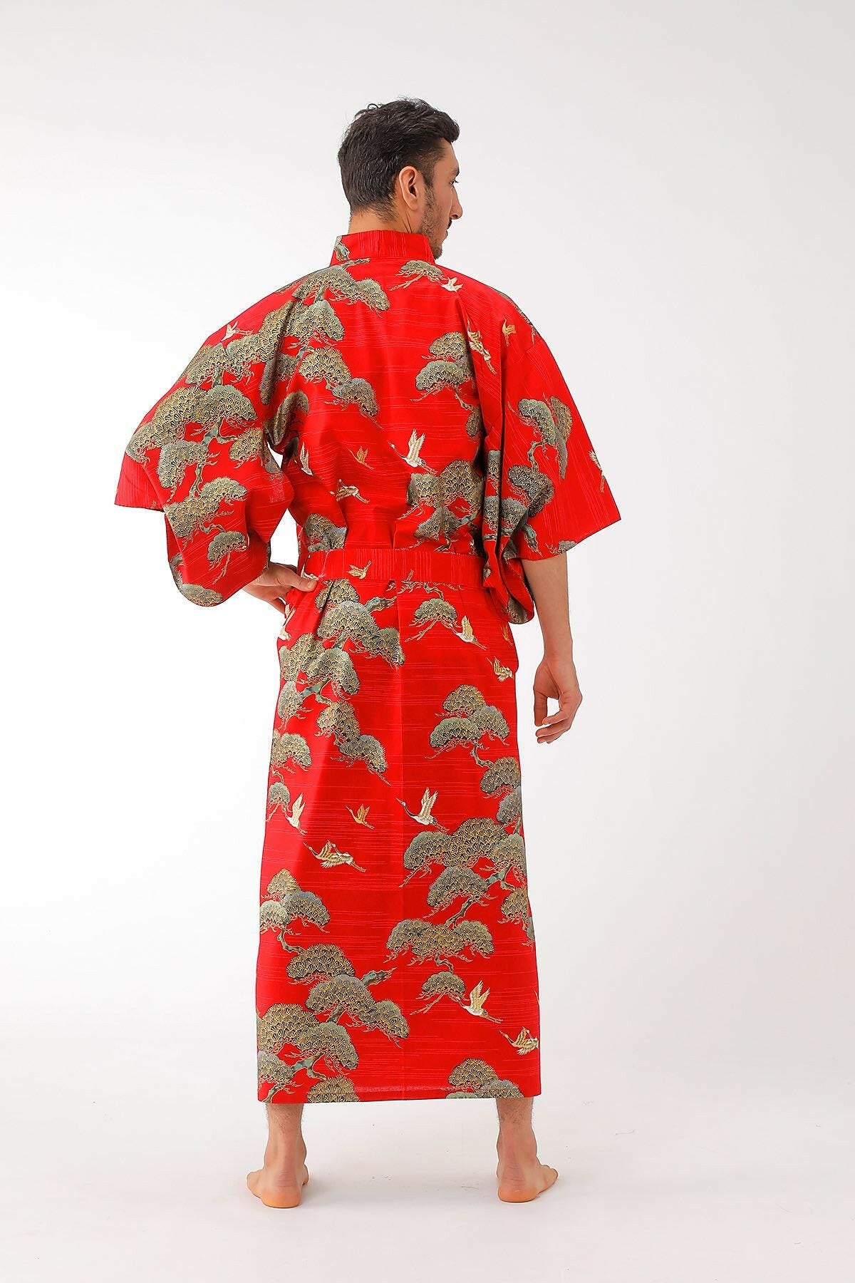 Men Pine & Crane Cotton Yukata Kimono Color Red Model Rear View